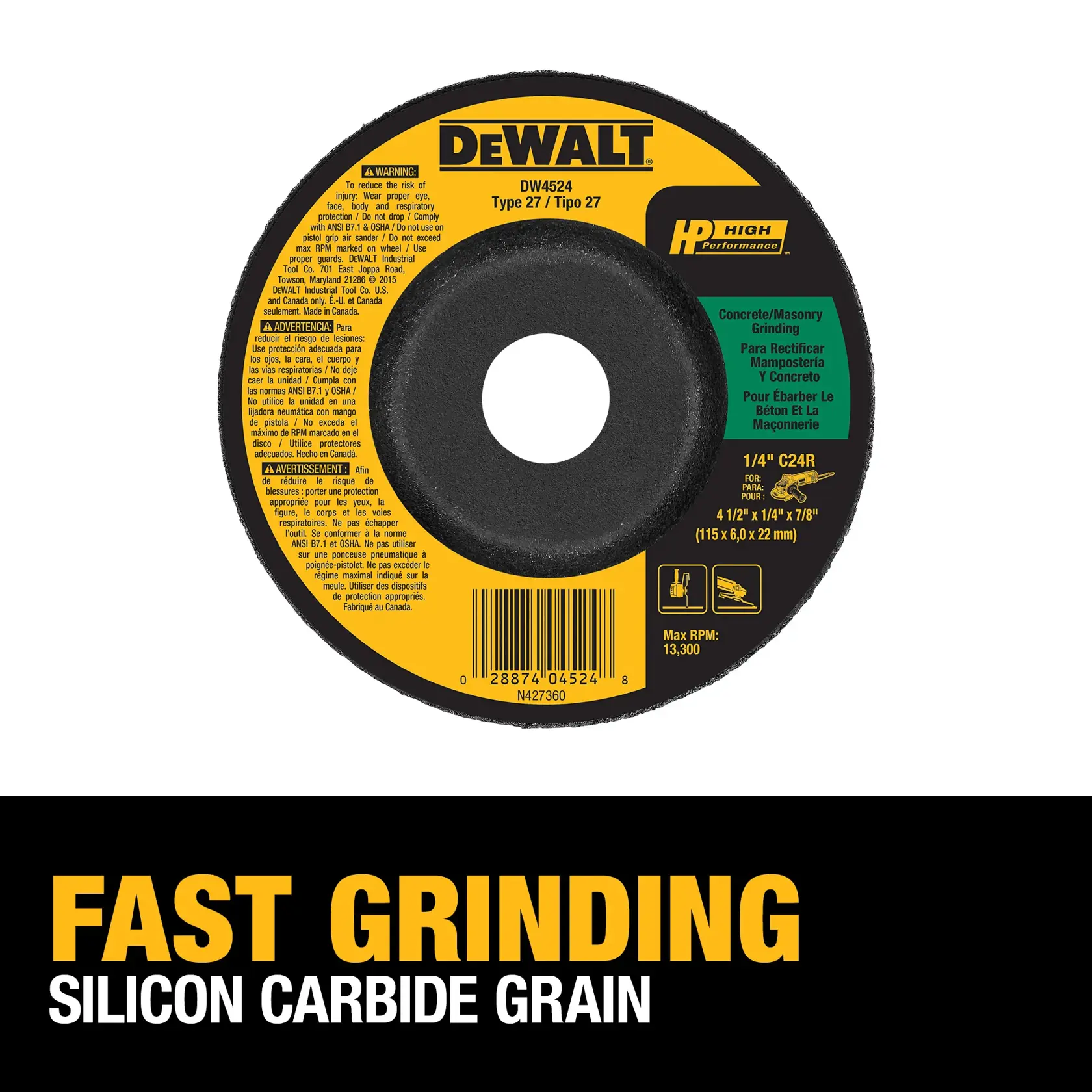 DEWALT DW4524 Type 27 high performance grinding wheel for concrete and masonry, featuring silicon carbide grain. The wheel size is 4-1/2 inch by 1/4 inch by 7/8 inch. The label emphasizes 'Fast Grinding' and a maximum RPM of 13,300.