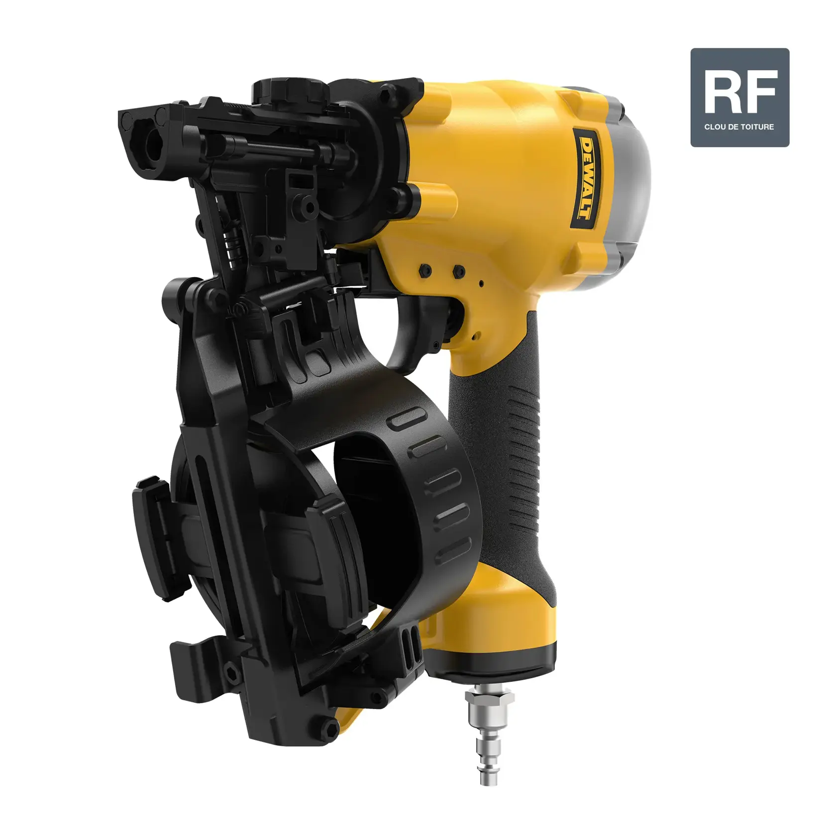A DEWALT branded roofing nailer tool, shown in close-up against a white background with an 'RF Roofing Nail' label in the corner. The tool is yellow with black components and features a round magazine for nails.