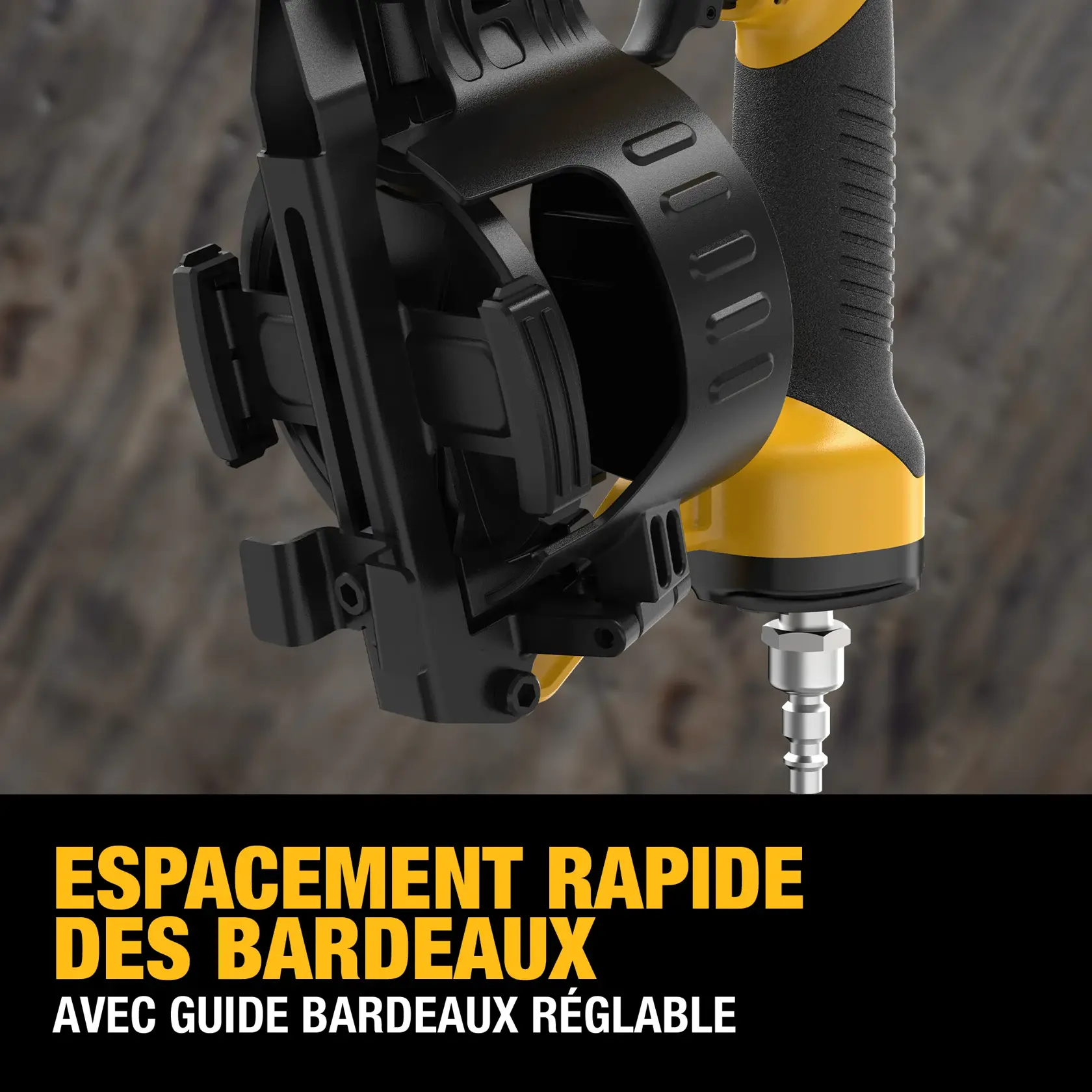 Close-up view of a DEWALT tool, showing a black and yellow handle and an adjustable shingle guide for quick shingle spacing. The background is blurred wood texture. Text overlay reads: 'Quick Shingle Spacing with Adjustable Shingle Guide.'