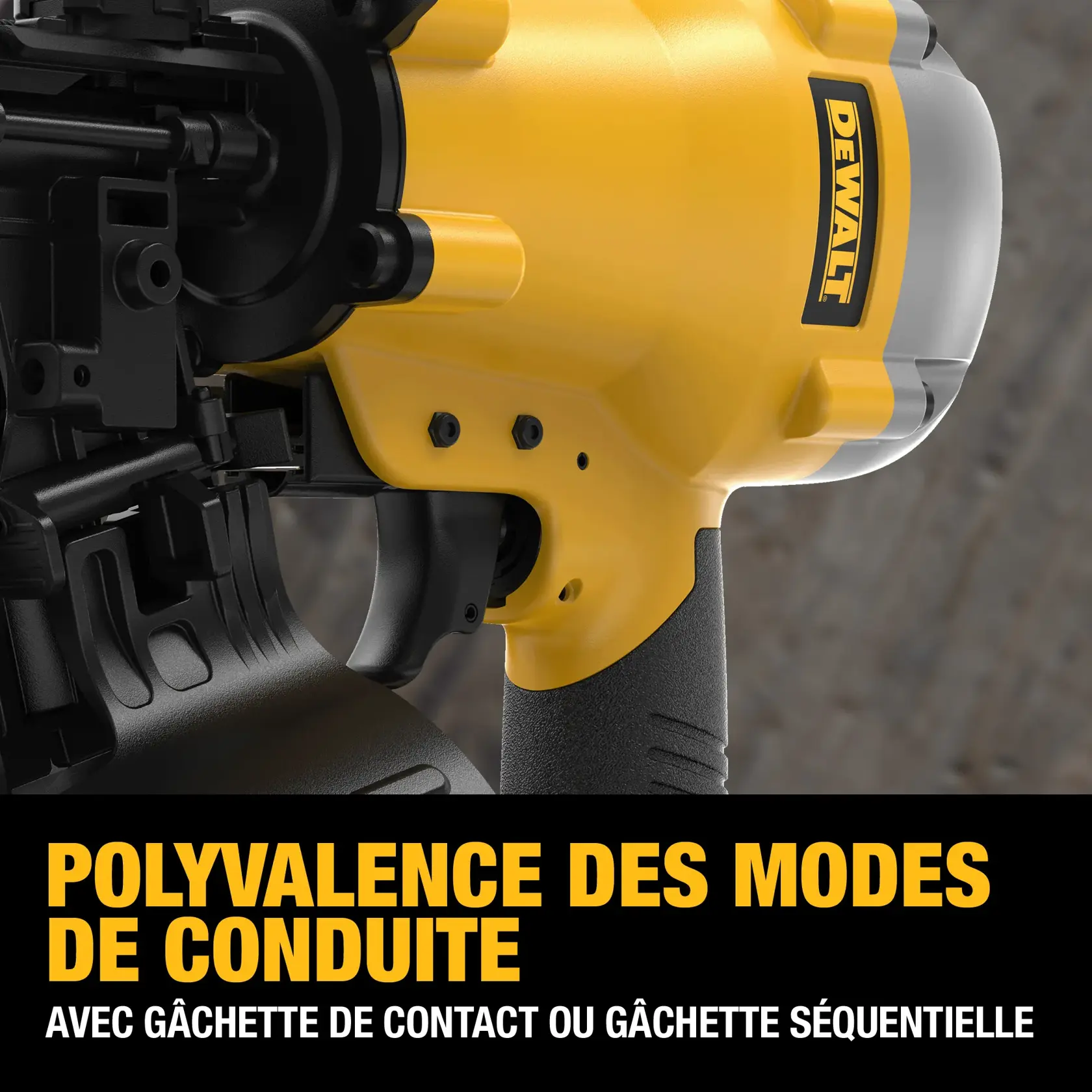Close-up of a DEWALT power tool, showing a yellow and black device with text overlay stating 'Drive mode versatility with contact trigger or sequential trigger.'