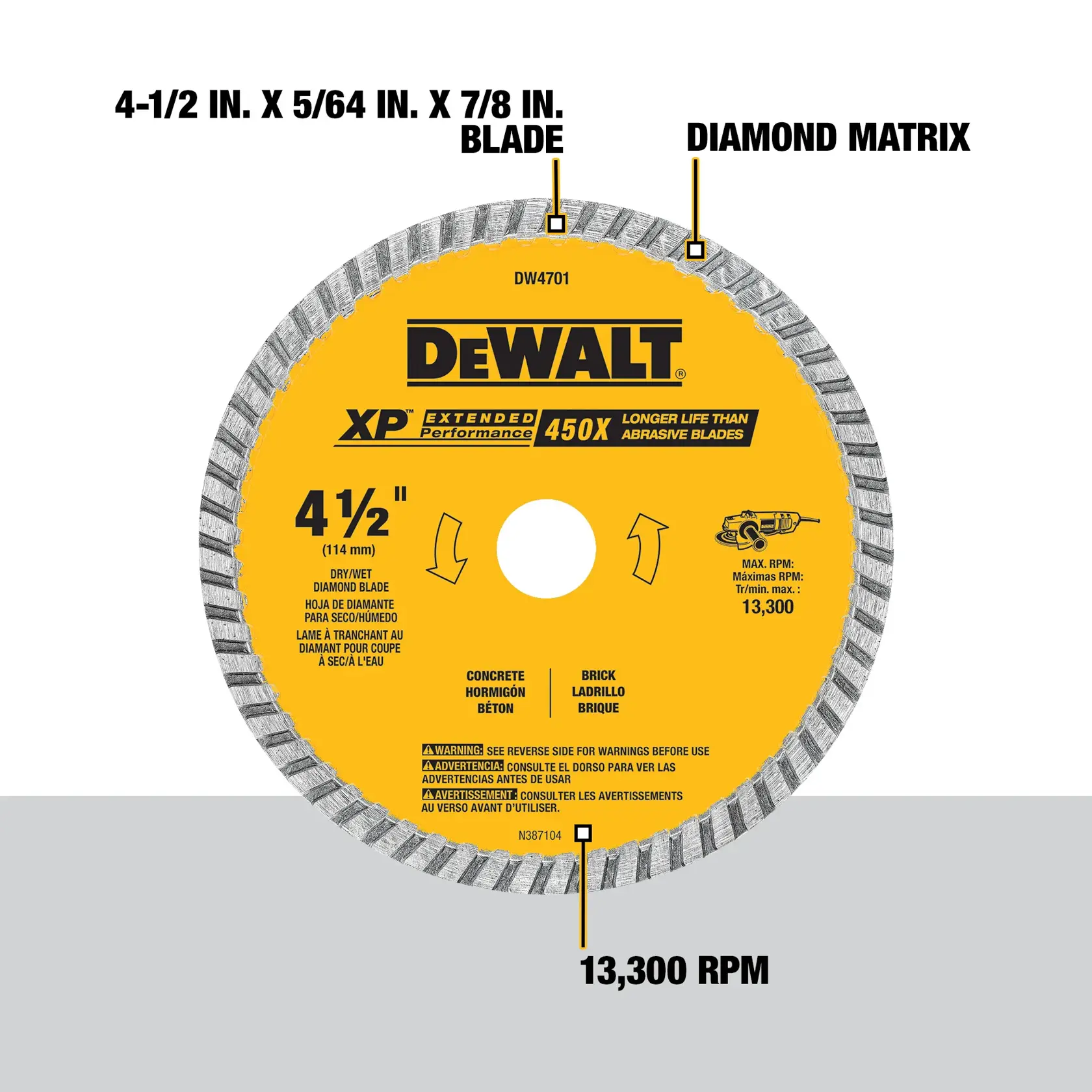 A DEWALT XP Extended Performance diamond blade, model DW4701, with a yellow label. The blade measures 4-1/2 inches in diameter, 5/64 inches thick, and has a 7/8 inch arbor. The label highlights features such as 'Diamond Matrix', '450X longer life than abrasive blades', and a maximum of 13,300 RPM. It is suitable for cutting concrete and brick, and can be used dry or wet.