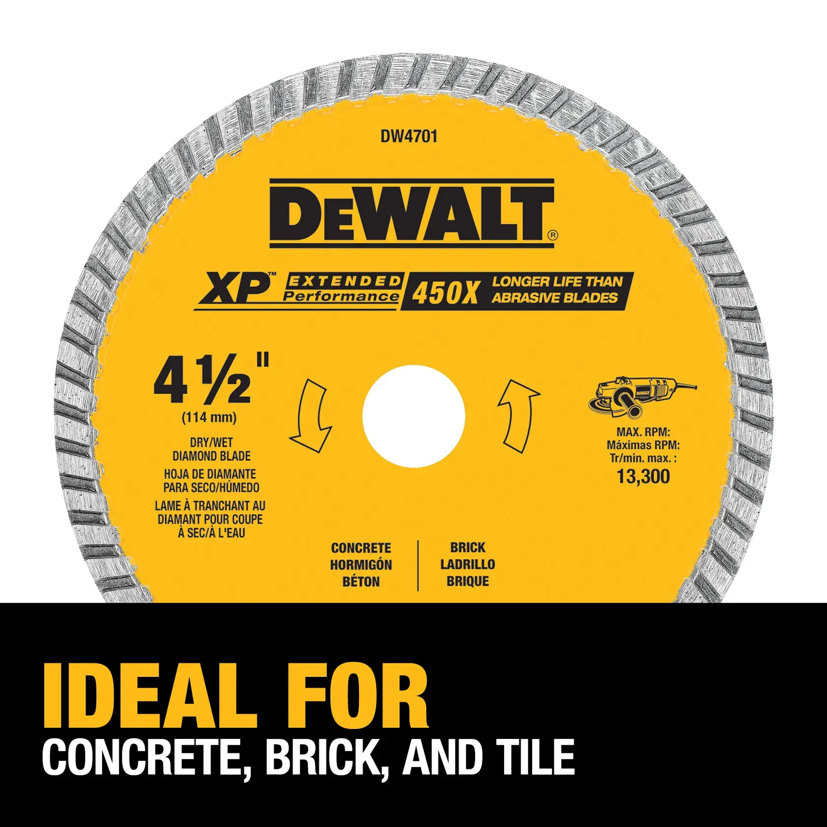 DEWALT DW4701 XP Extended Performance 4-1/2 inch (114 mm) diamond blade for dry or wet cutting, suitable for concrete, brick, and tile. Blade label mentions 450 times longer life than abrasive blades, maximum RPM 13,300.