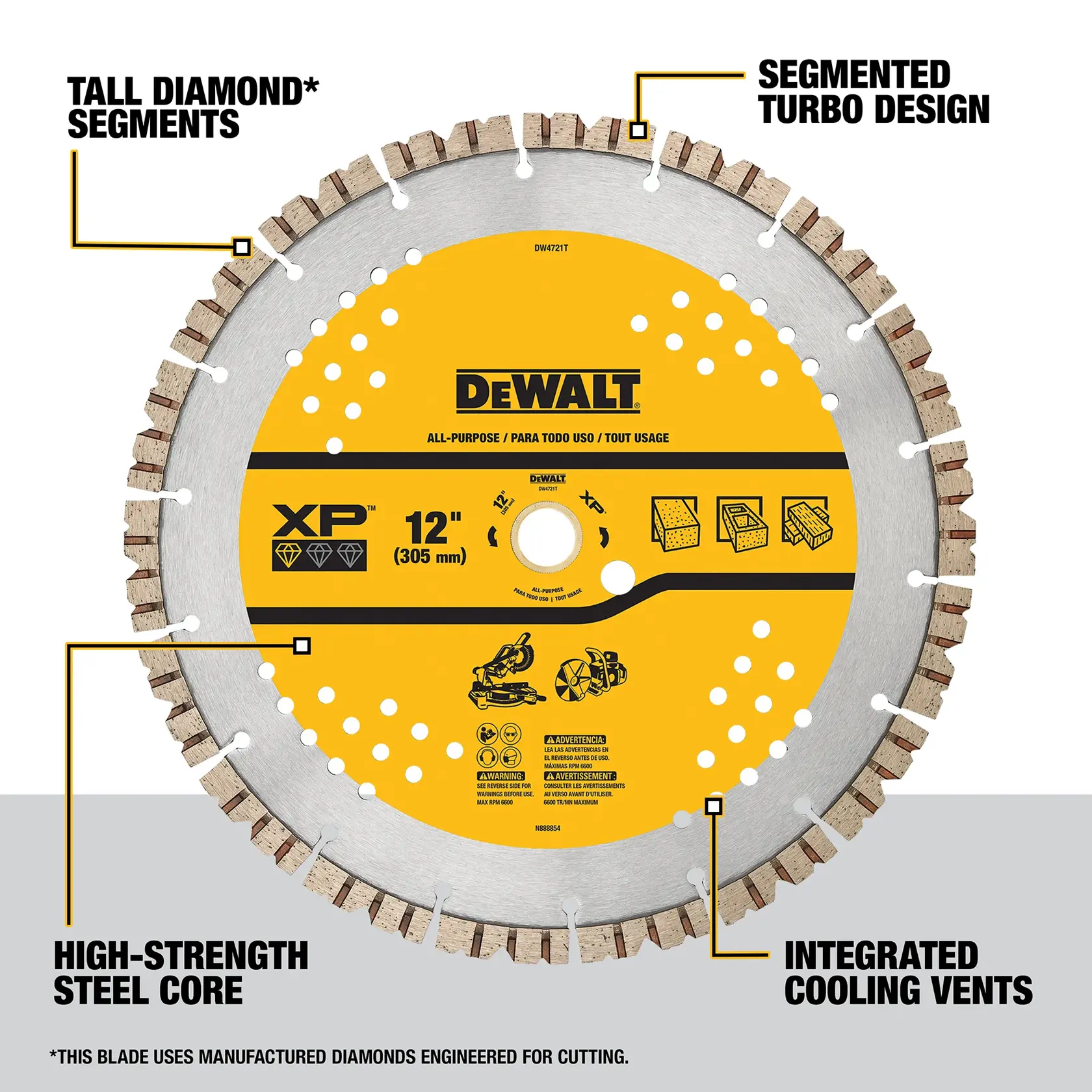 DEWALT 12 inch (305 mm) XP all-purpose segmented diamond blade with high-strength steel core, tall diamond segments, segmented turbo design, and integrated cooling vents. The blade is yellow and silver with product information and icons shown on the surface.