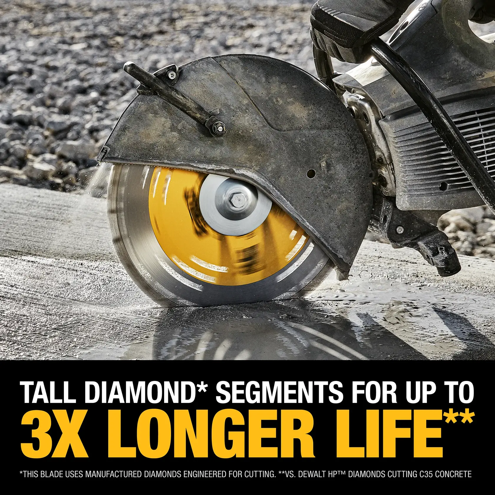 A close-up image of a DEWALT power saw with a yellow diamond blade cutting through concrete. Text on the image highlights the blade's tall diamond segments for up to three times longer life compared to other blades.