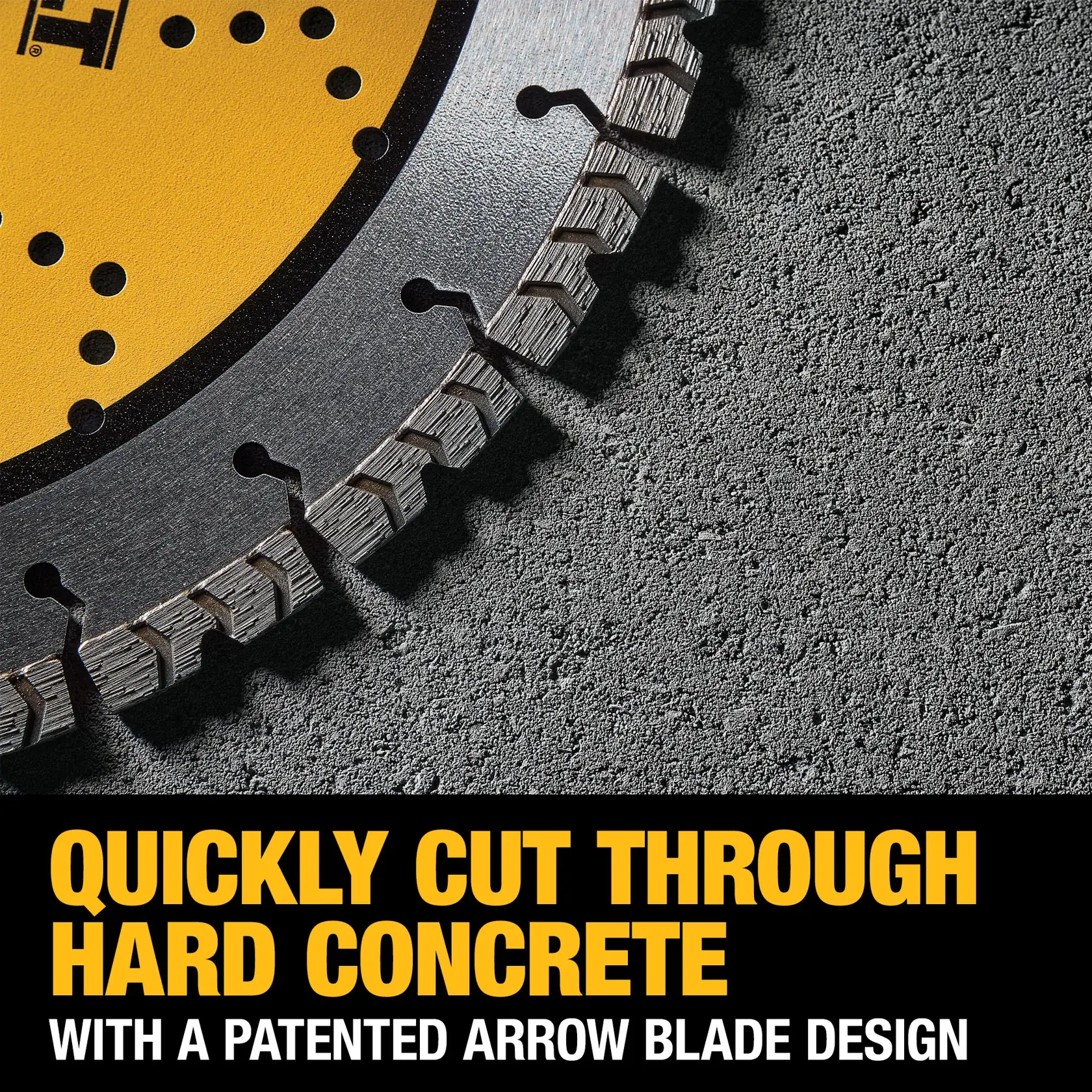Close-up of a DEWALT circular saw blade with a patented arrow blade design, shown cutting through hard concrete. Text highlights its ability to quickly cut through hard concrete.