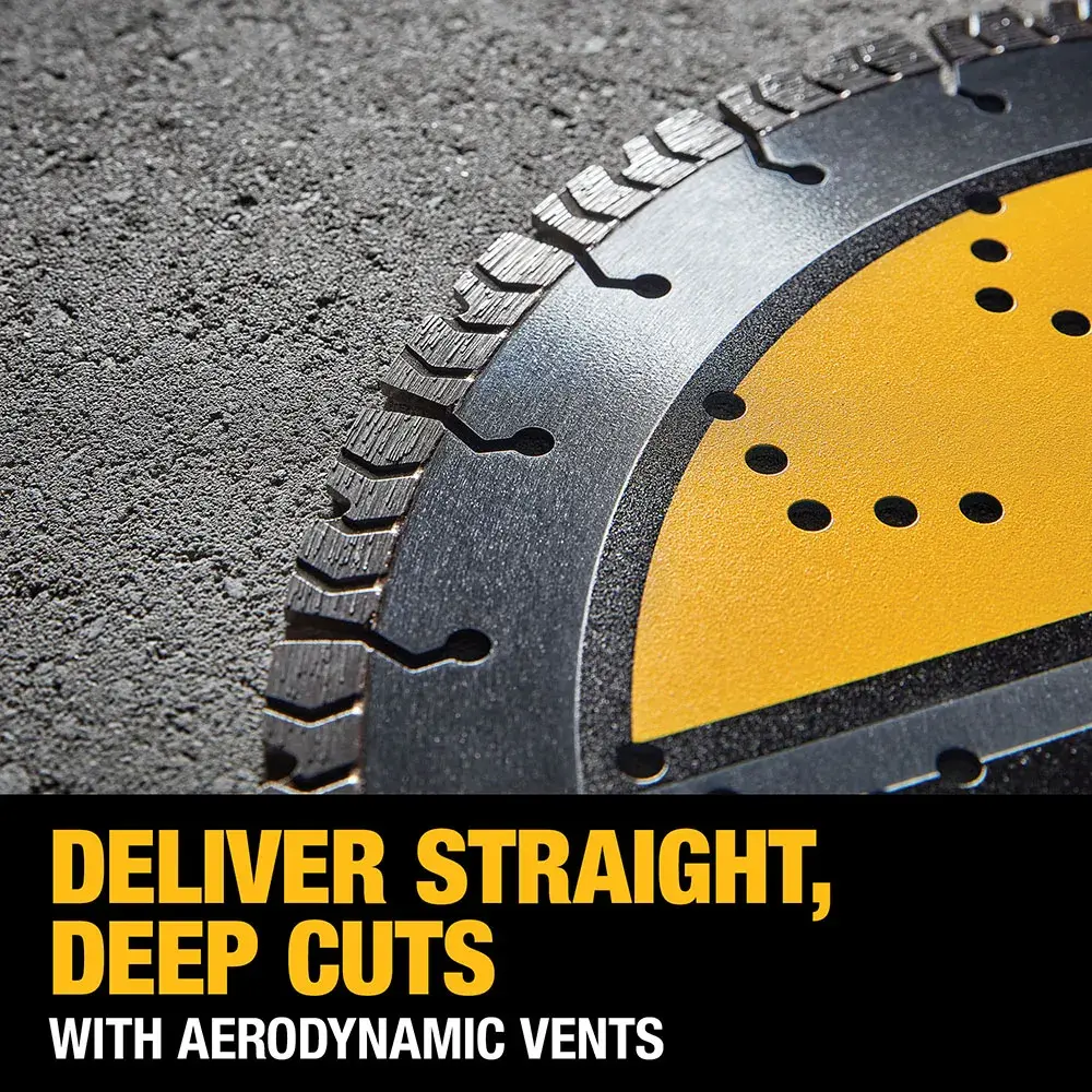 Close-up of a DEWALT circular saw blade with diamond-tipped segments, featuring yellow and black colors, placed on a rough surface. The text reads: 'Deliver straight, deep cuts with aerodynamic vents.'