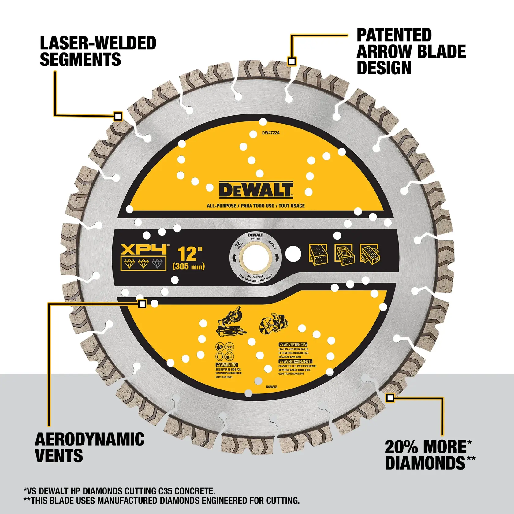 A DEWALT XP4 12-inch (305 mm) diamond blade with laser-welded segments, patented arrow blade design, aerodynamic vents, and 20% more engineered diamonds, designed for all-purpose cutting. The blade is shown with labeled features and yellow-black branding.