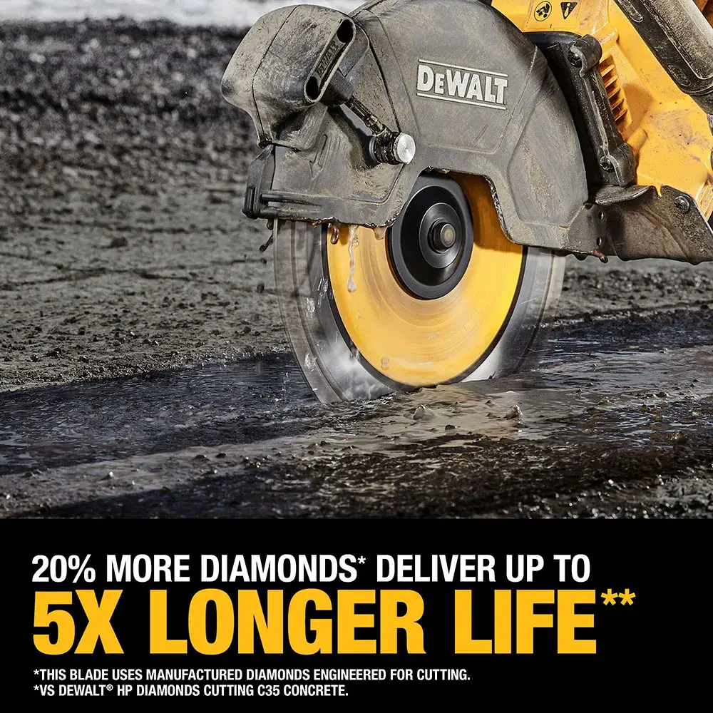 A DEWALT circular saw with a yellow blade cutting through concrete or asphalt. The image includes text promoting the product, claiming 20% more diamonds and up to 5 times longer life compared to other blades.