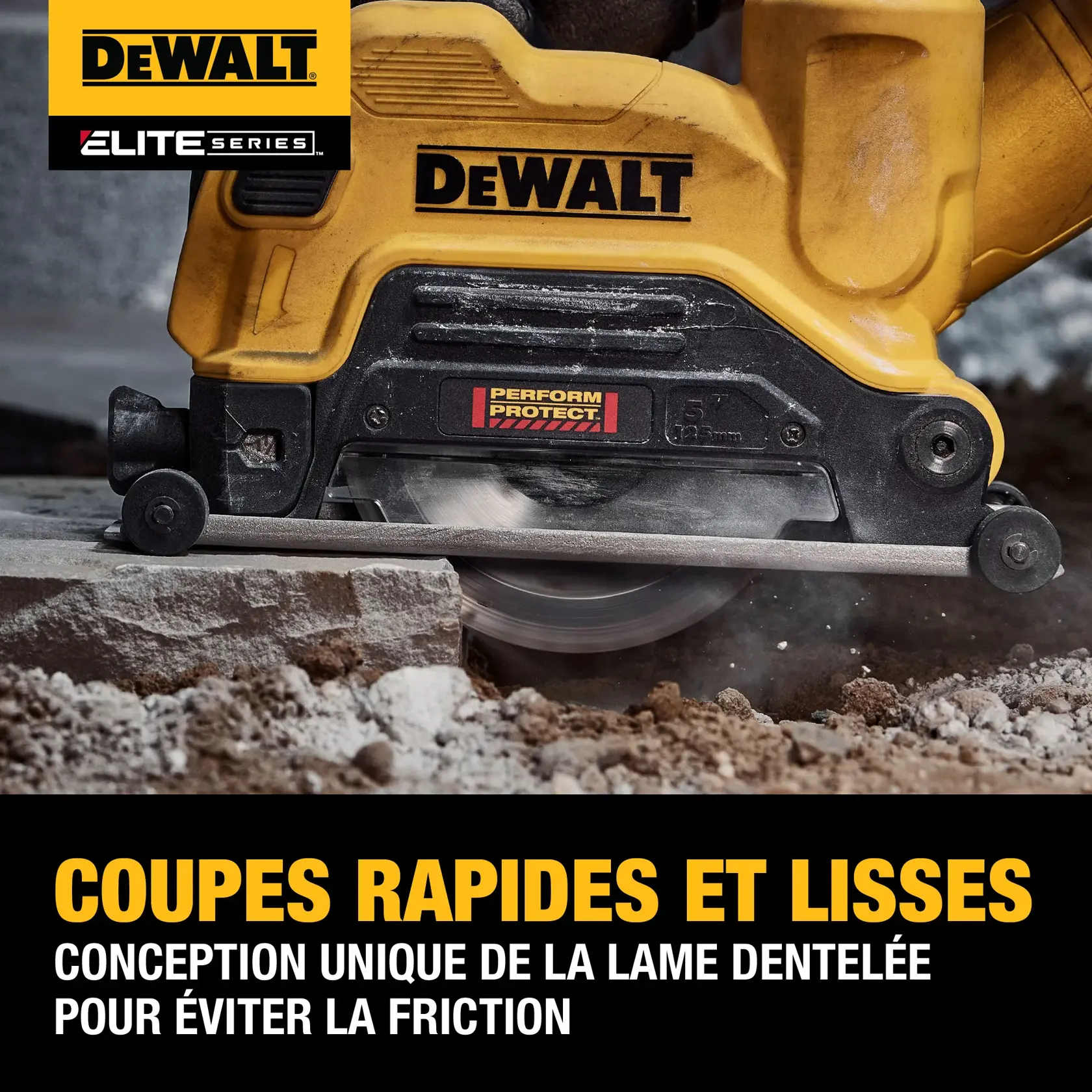 A DEWALT Elite Series power tool cutting through stone with a serrated blade. The tool is yellow and black, and text highlights fast, smooth cuts and a unique serrated blade design that helps prevent friction.