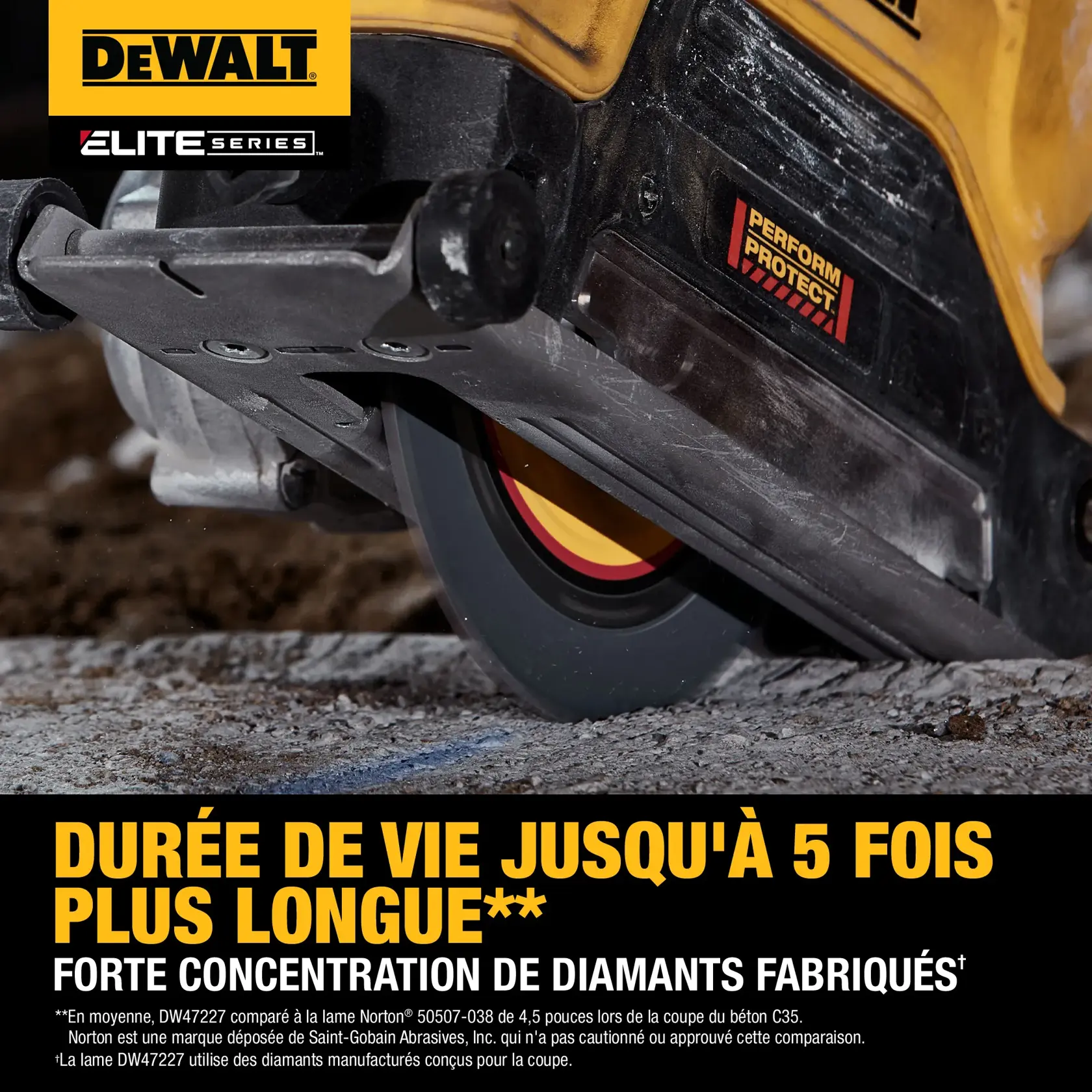 A close-up of a DEWALT Elite Series power tool cutting concrete with a circular blade, featuring promotional text stating 'Up to 5X Longer Life' and 'High-Concentration of Manufactured Diamonds.' The image highlights durability and performance benefits for the DW47227 blade.
