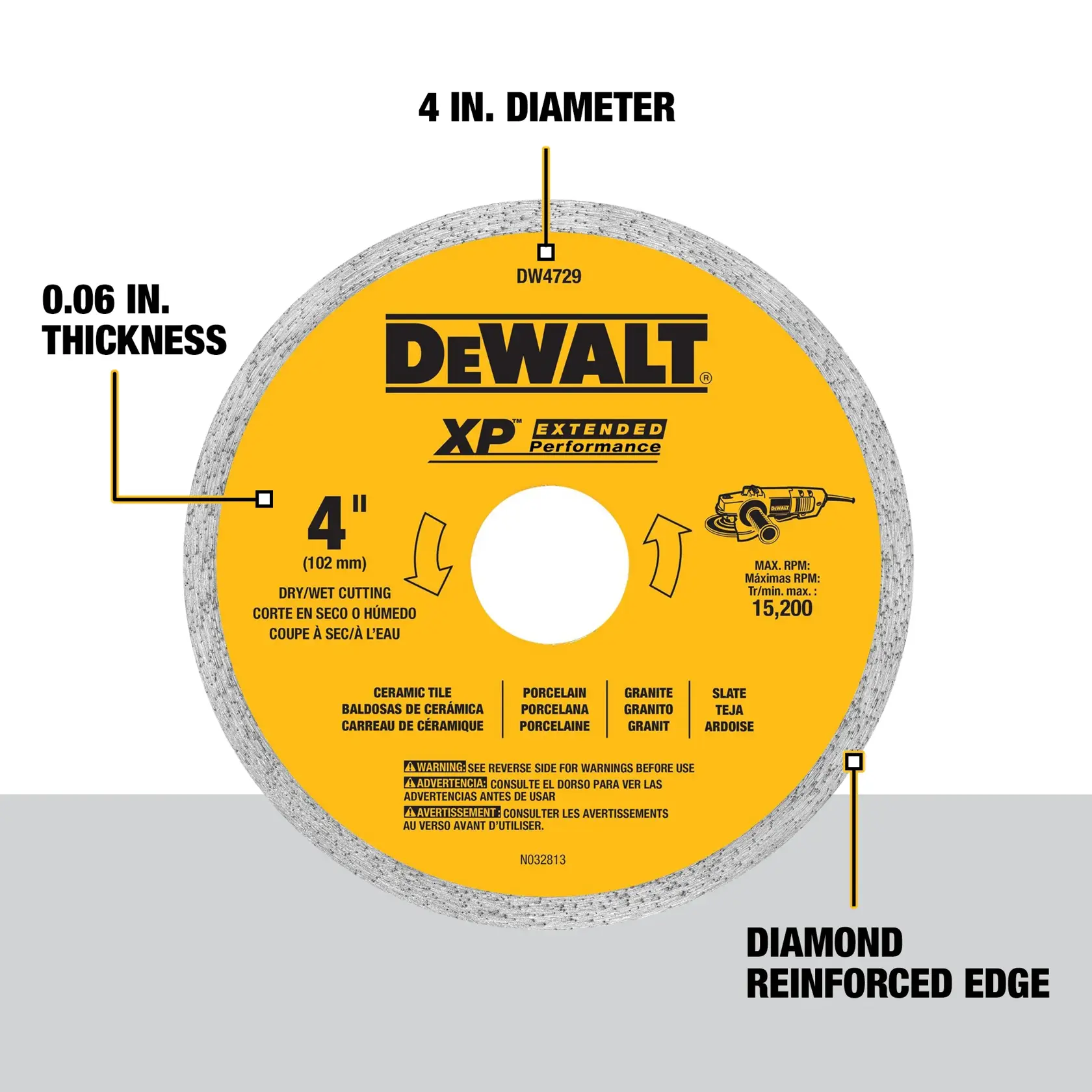 A DEWALT DW4729 diamond-reinforced cutting wheel for ceramic tile, porcelain, granite, and slate. The round blade is yellow with a silver diamond edge, labeled with specifications such as 4-inch diameter, 0.06-inch thickness, and maximum RPM of 15,200. Markings indicate it is suitable for dry or wet cutting.