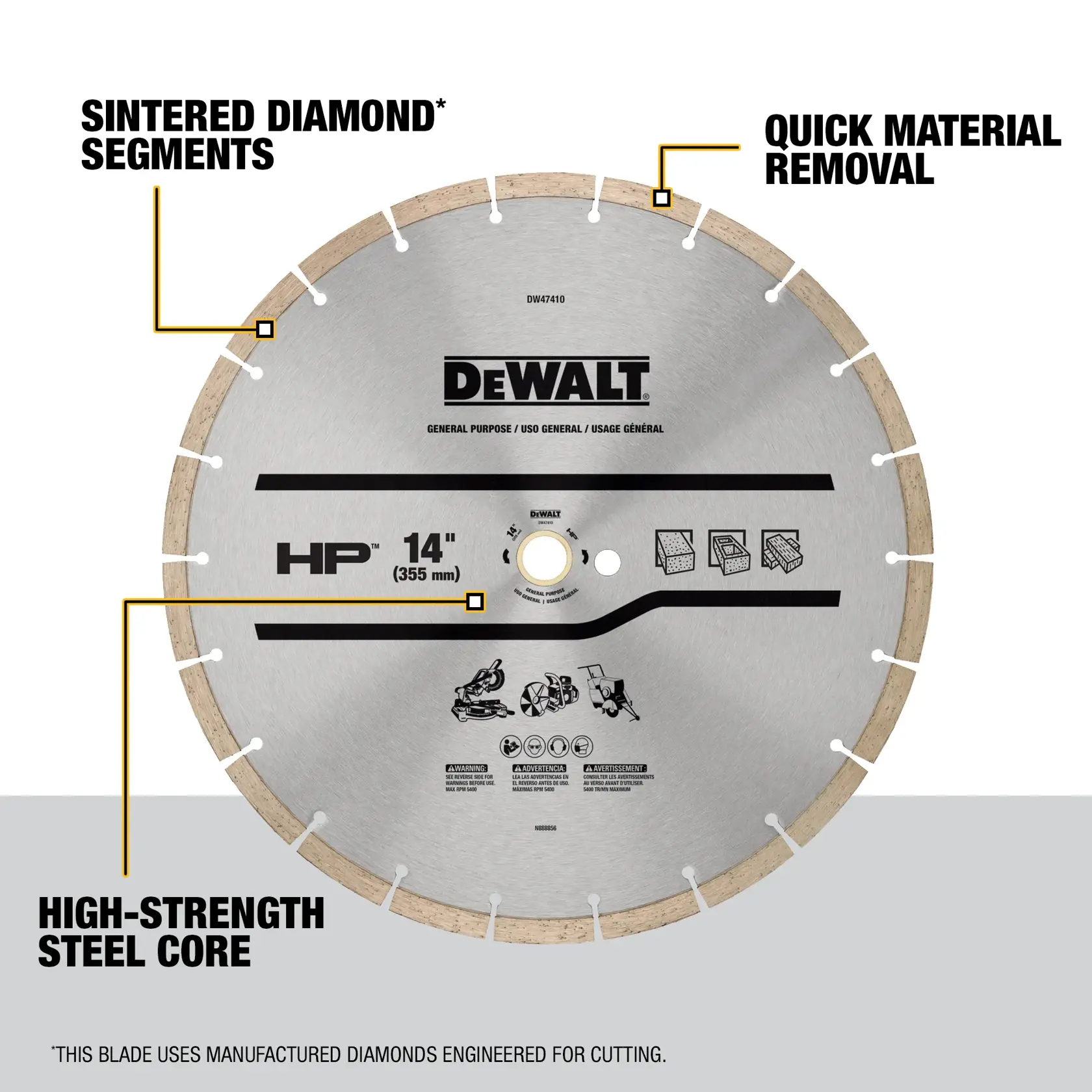 A DEWALT 14-inch (355 mm) circular saw blade for general purpose cutting, featuring sintered diamond segments, high-strength steel core, and designed for quick material removal. The blade is labeled HP and shows icons for compatible equipment and materials. Text notes that the blade uses manufactured diamonds for cutting.