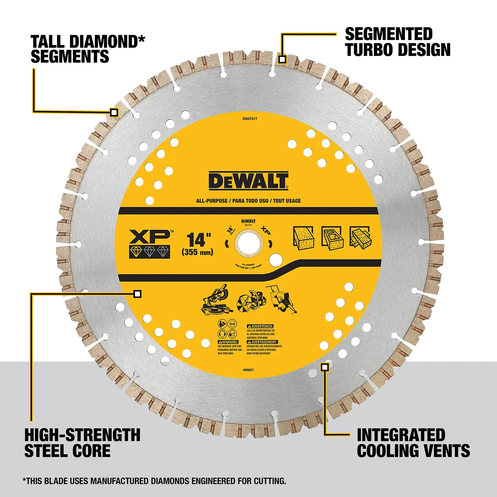 DEWALT 14 inch (355 mm) segmented diamond blade for cutting, featuring high-strength steel core, integrated cooling vents, tall diamond segments, and segmented turbo design. The yellow and silver blade is labeled XP and suitable for multiple cutting purposes.