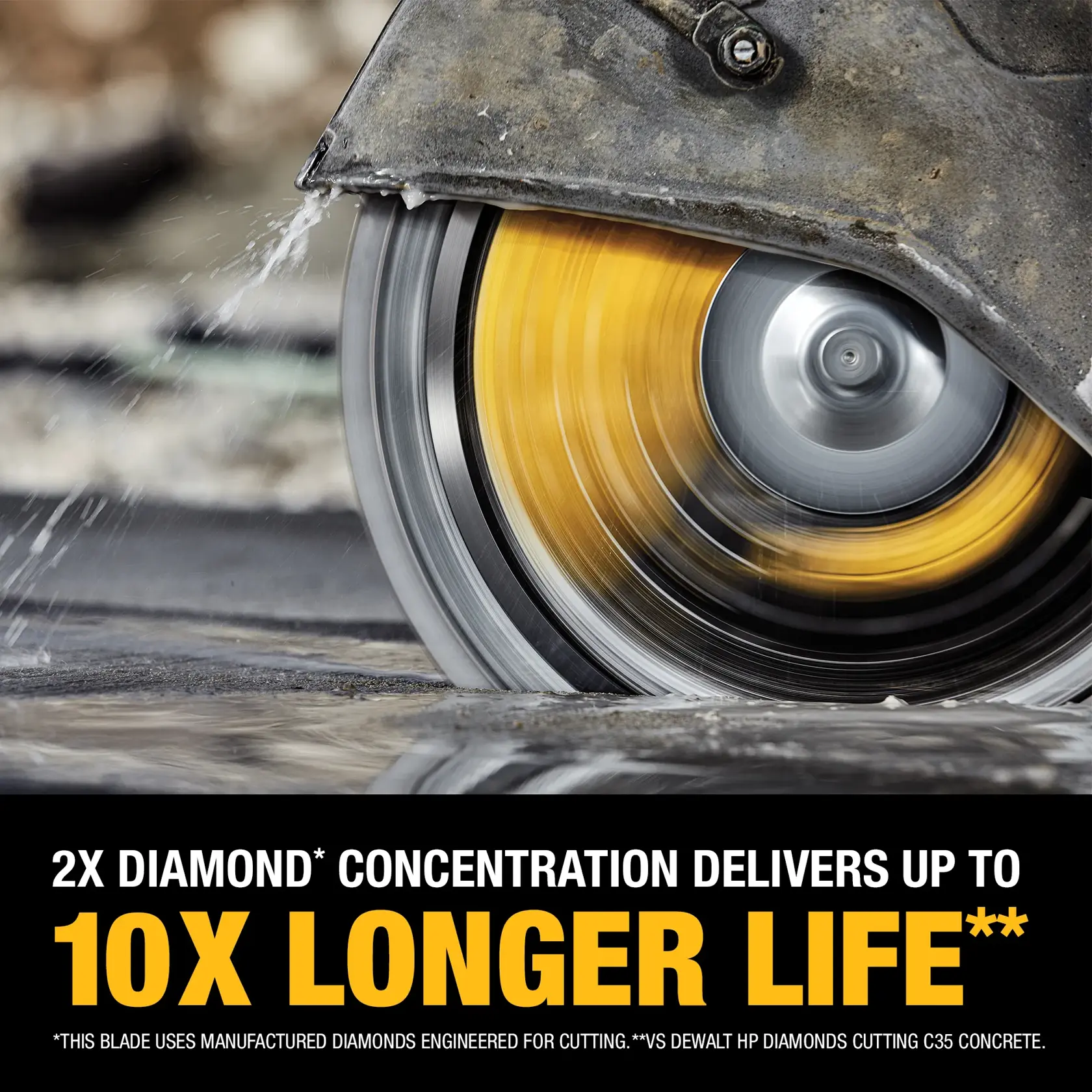 Close-up of a spinning DEWALT saw blade cutting wet concrete, promoting longer life with high diamond concentration.