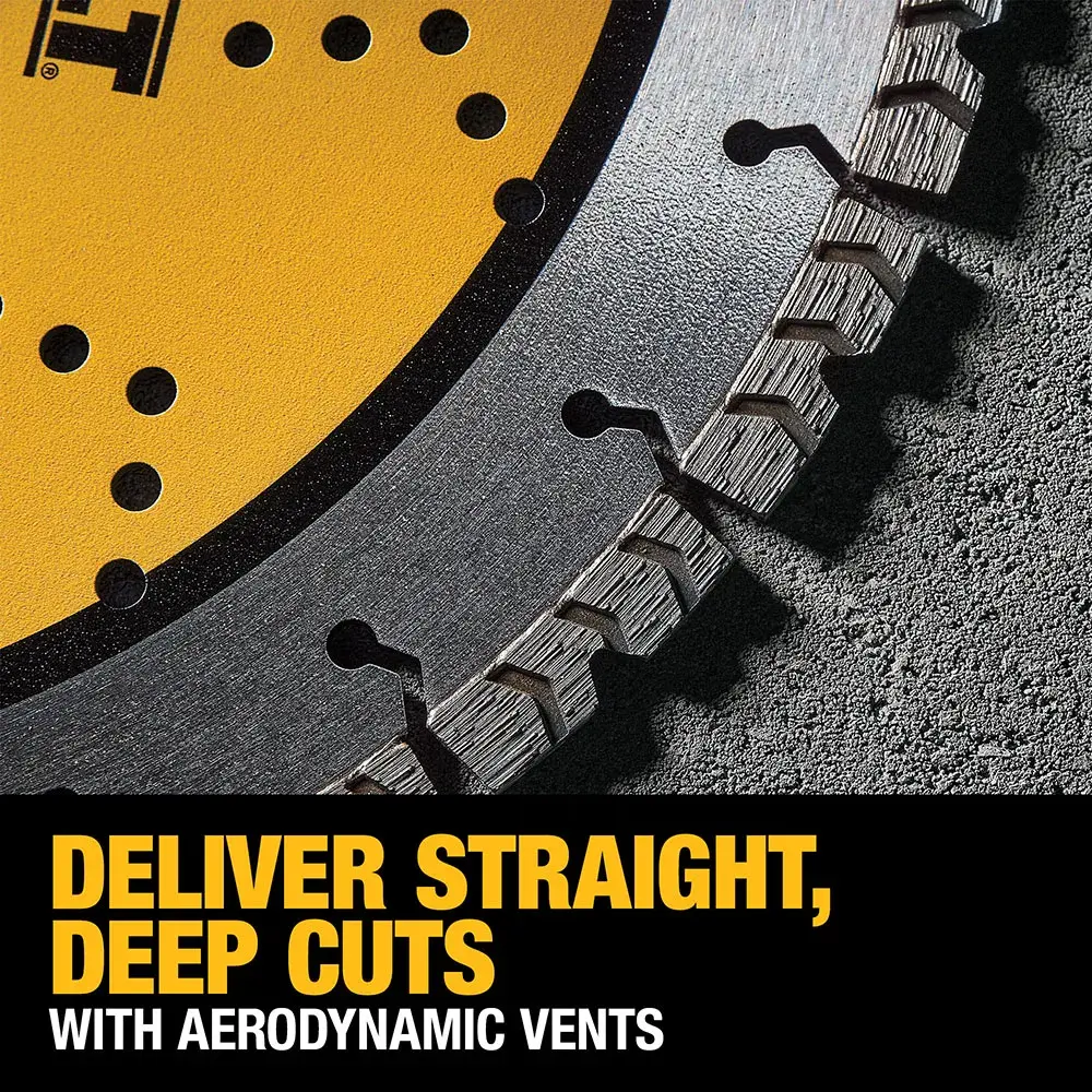 Close-up image of a DEWALT circular saw blade cutting through concrete, with text that reads: 'Deliver straight, deep cuts with aerodynamic vents.'