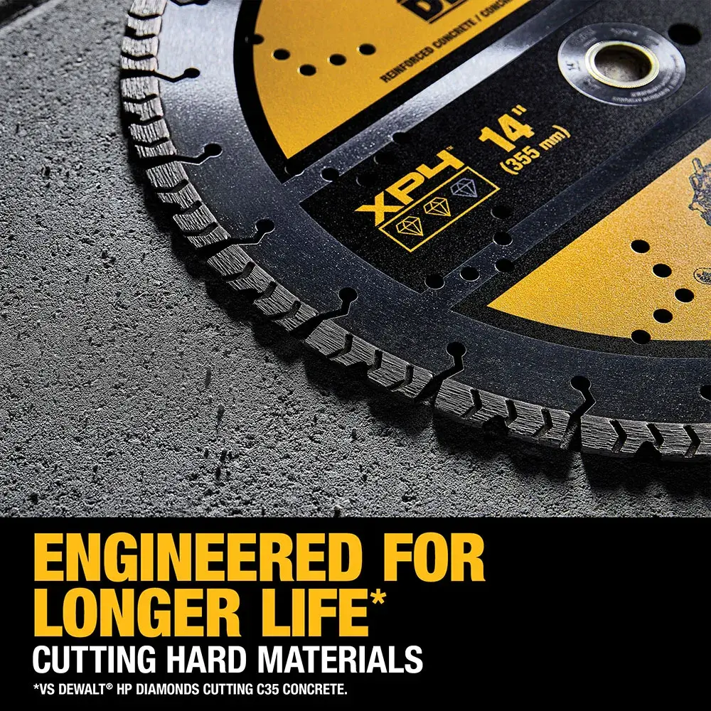 Close-up of a DEWALT 14-inch diamond saw blade designed for cutting hard materials, shown resting on a concrete surface. Text on the image reads: 'Engineered for longer life* Cutting hard materials.'