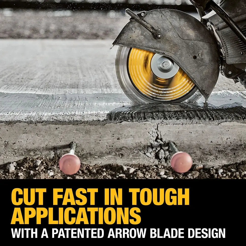 A DEWALT cutting tool with a yellow blade is shown slicing through concrete. The image includes the text: 'CUT FAST IN TOUGH APPLICATIONS WITH A PATENTED ARROW BLADE DESIGN.'
