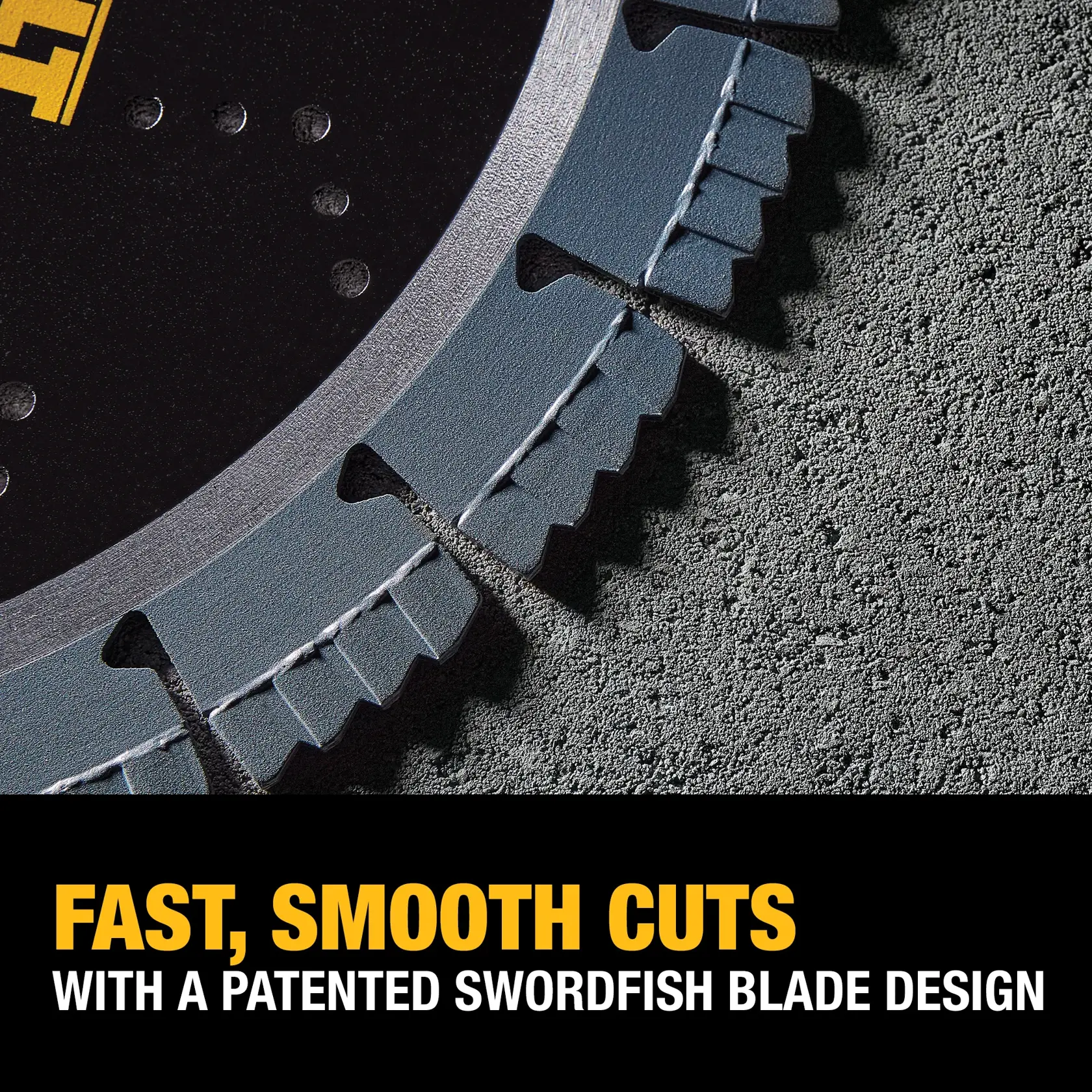 Close-up of a DEWALT circular saw blade with a unique tooth design, resting on a textured surface. Text reads: 'FAST, SMOOTH CUTS with a patented swordfish blade design.'