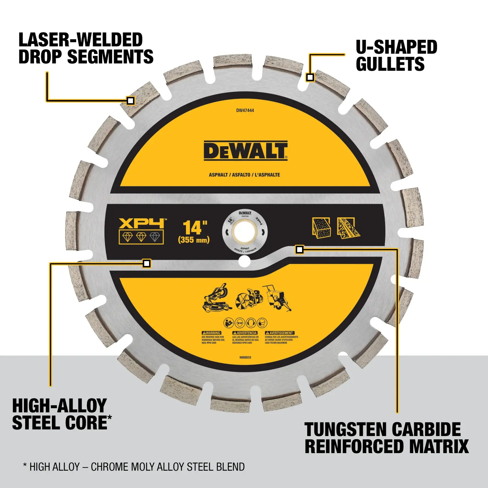 Image of a DEWALT DW47444 14-inch (355 mm) diamond saw blade designed for cutting asphalt. The blade features laser-welded drop segments, U-shaped gullets, a high-alloy steel core, and a tungsten carbide reinforced matrix. The product branding and specifications are clearly displayed on the blade.