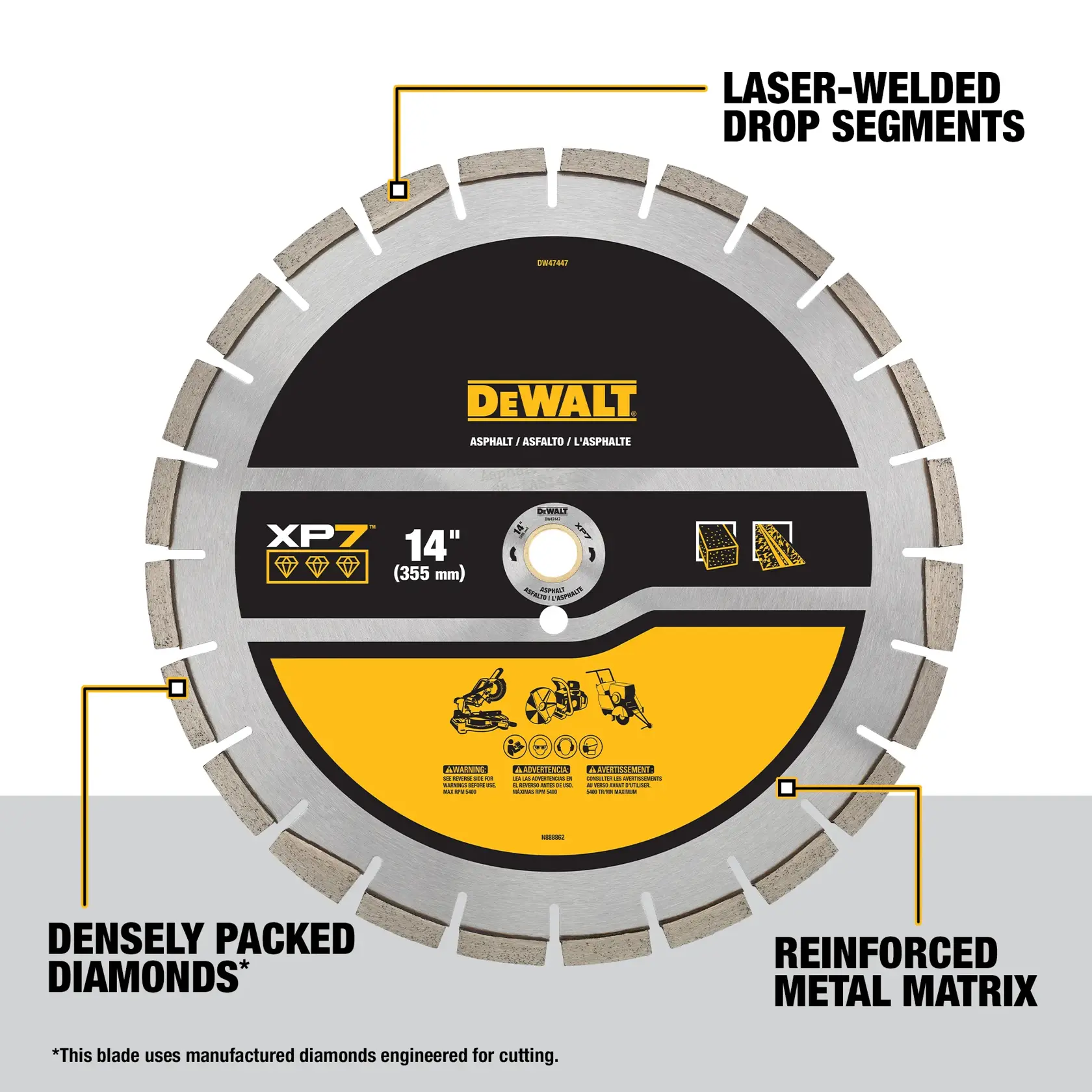 Image of a DEWALT XP7 14-inch (355 mm) asphalt cutting blade. The blade features laser-welded drop segments, densely packed diamonds, and a reinforced metal matrix. The label highlights its engineered design for cutting asphalt and mentions manufactured diamonds.