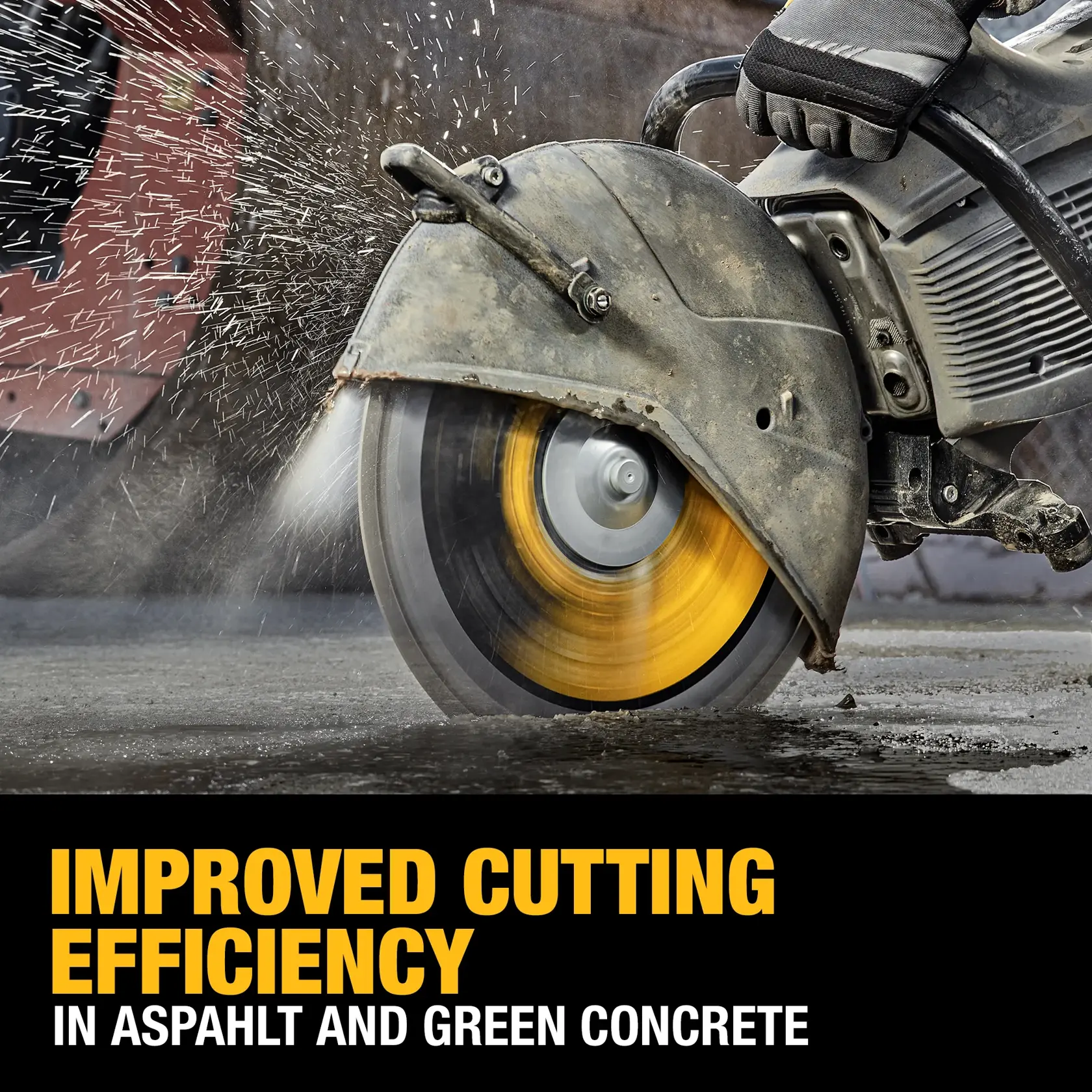A close-up of a DEWALT power saw cutting into asphalt, with water and debris spraying as the blade spins. The image features text promoting improved cutting efficiency in asphalt and green concrete.