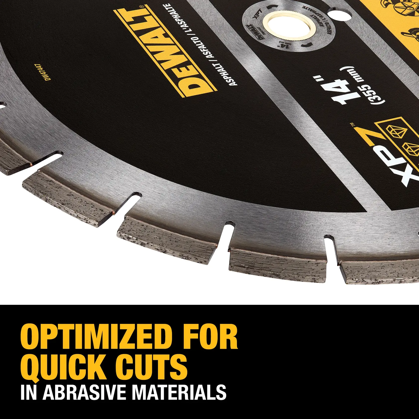Close-up view of a DEWALT 14-inch segmented diamond saw blade designed for cutting abrasive materials. Text below the blade reads 'Optimized for quick cuts in abrasive materials.'