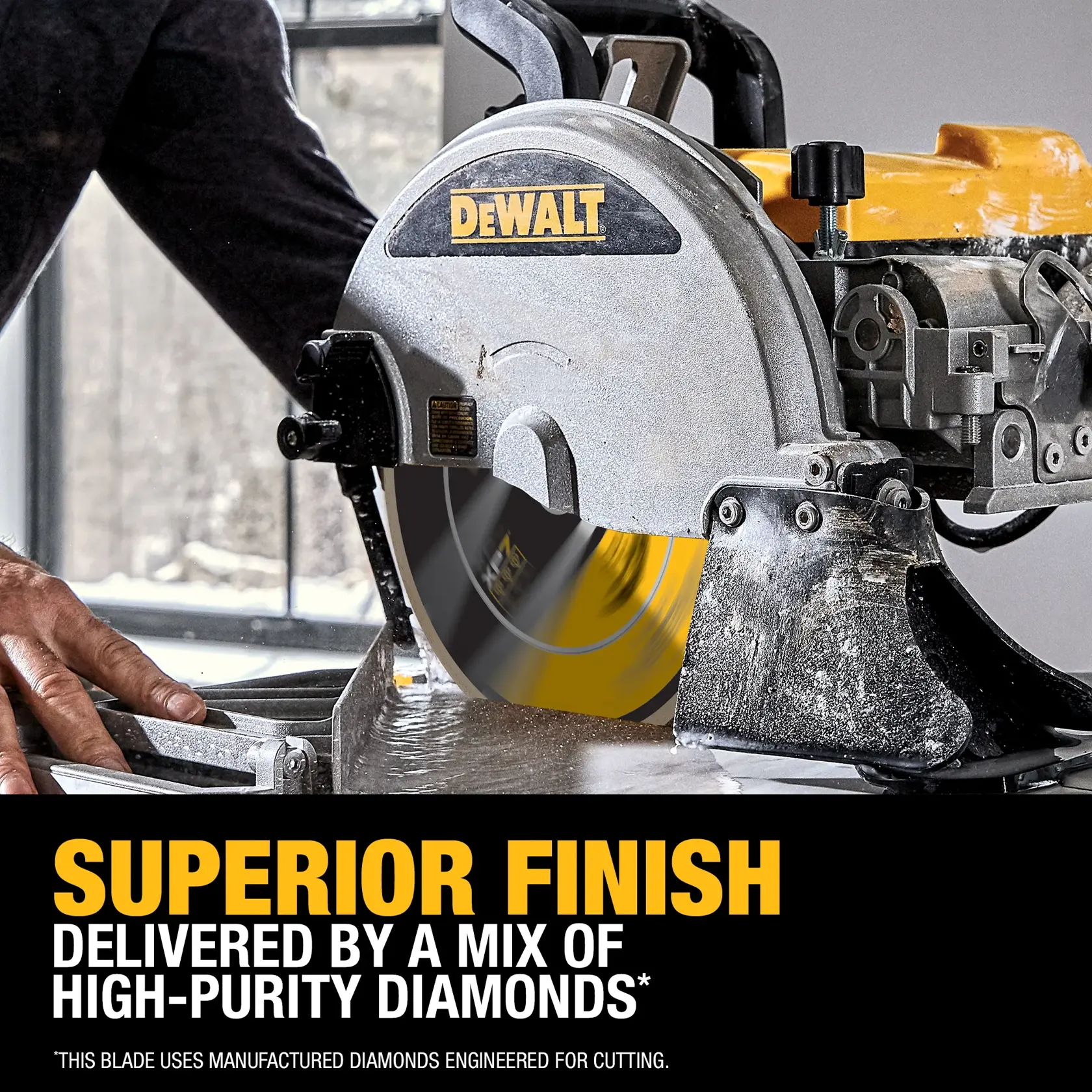A DEWALT branded circular saw cutting through a piece of material, with text promoting a superior finish delivered by a mix of high-purity manufactured diamonds engineered for cutting.