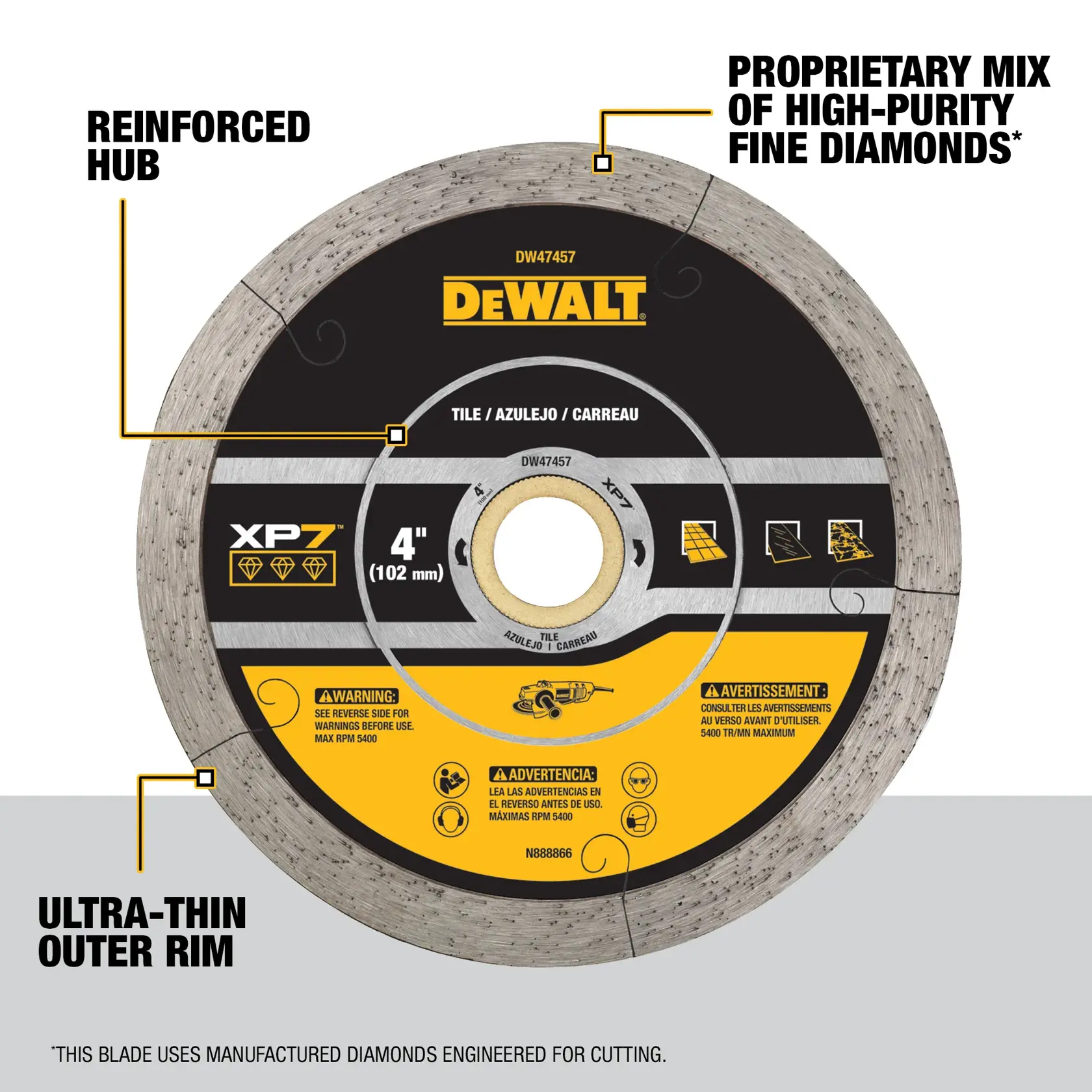 DEWALT XP7 4-inch (102 mm) tile cutting blade, model DW47457, featuring a reinforced hub, ultra-thin outer rim, and proprietary mix of high-purity fine diamonds. Product packaging highlights key features and safety warnings in English, Spanish, and French.