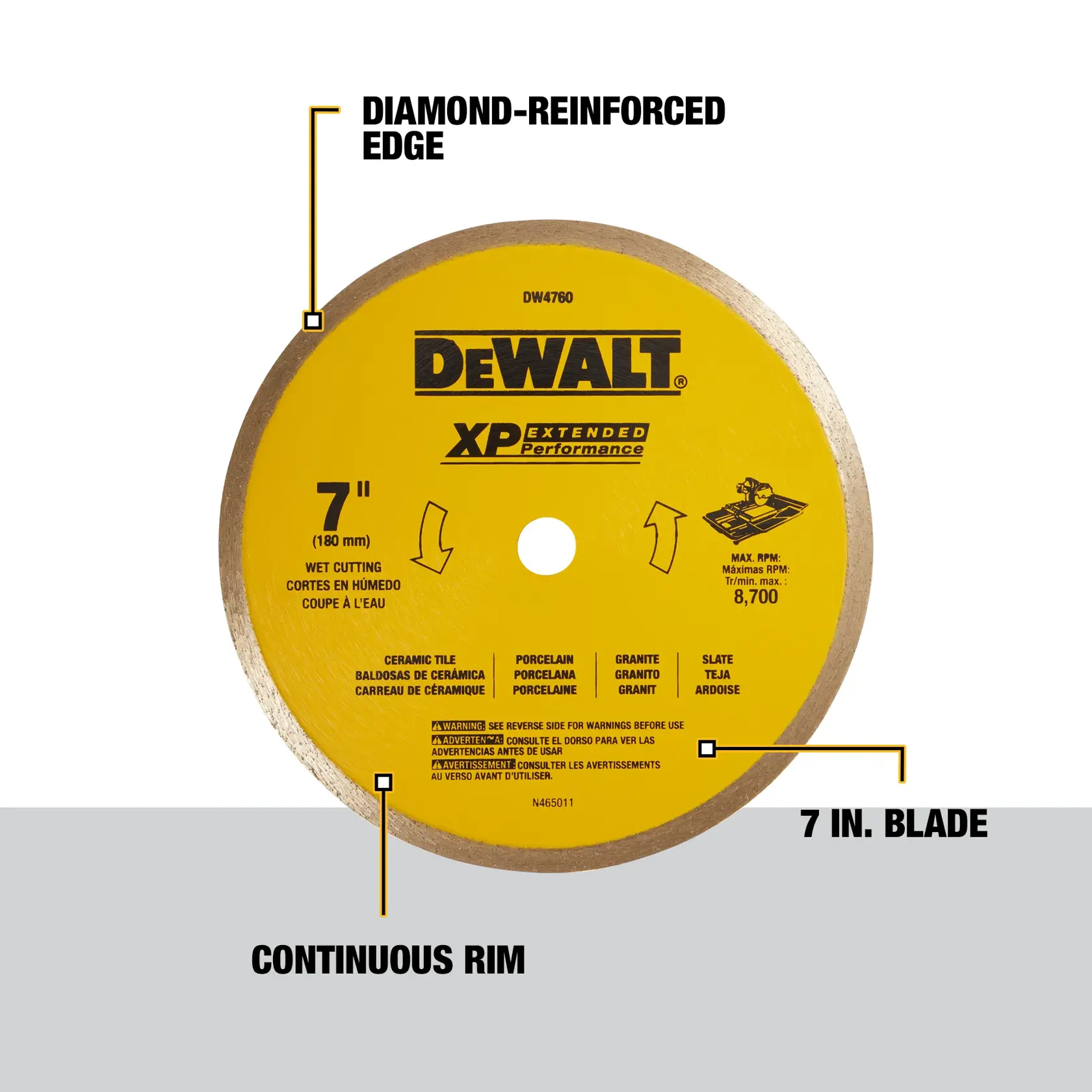A DEWALT DW4760 XP Extended Performance 7-inch (180 mm) circular saw blade designed for wet cutting, featuring a diamond-reinforced edge and a continuous rim. The blade is suitable for cutting ceramic tile, porcelain, granite, and slate. The blade is yellow with black text and illustrated usage instructions.