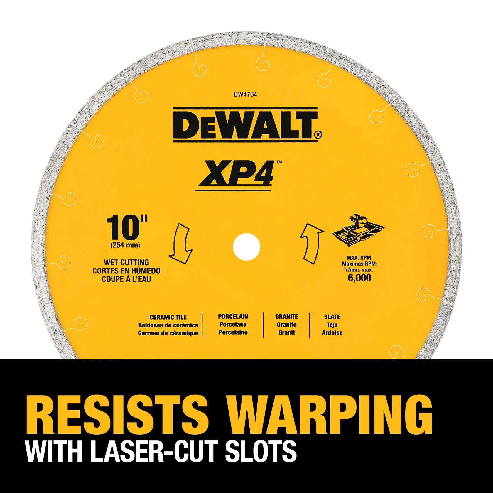 DEWALT XP4 10-inch wet cutting diamond saw blade for ceramic tile, porcelain, granite, and slate, featuring laser-cut slots to resist warping. Model number DW4764.
