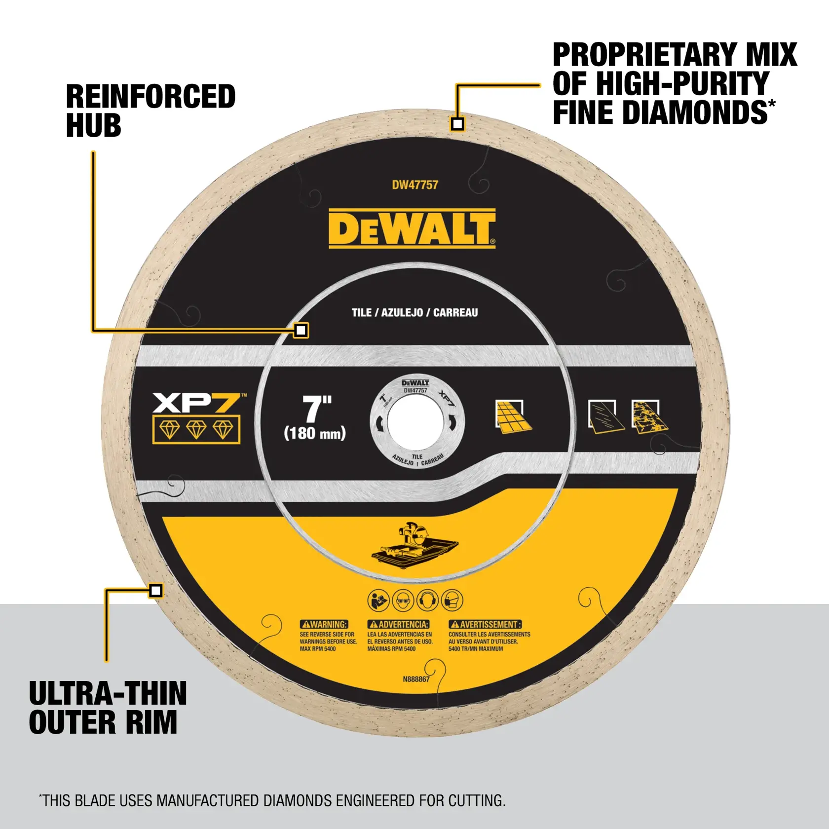 A DEWALT XP7 7-inch (180 mm) tile cutting blade, model DW47757, featuring a reinforced hub, ultra-thin outer rim, and a proprietary mix of high-purity fine diamonds. The blade is designed for cutting tiles and has safety warnings and instructions printed on the label.