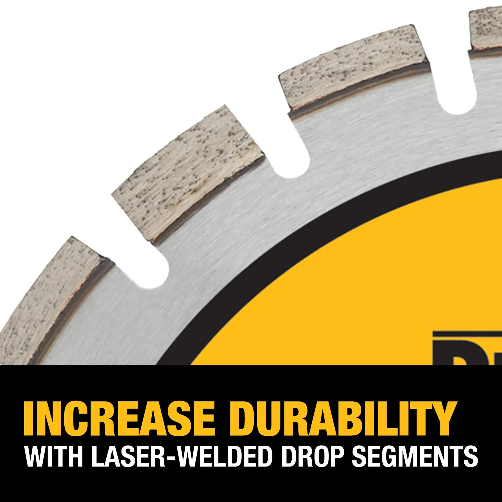 Close-up image of a DEWALT saw blade with laser-welded drop segments. The text highlights increased durability as a feature.