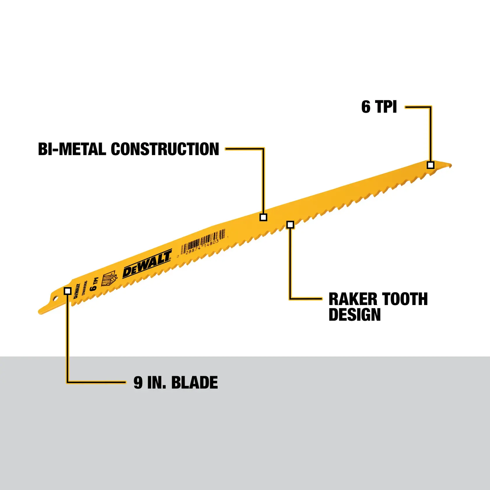 A DEWALT 9-inch reciprocating saw blade with bi-metal construction, labeled features including 6 teeth per inch (TPI) and raker tooth design.