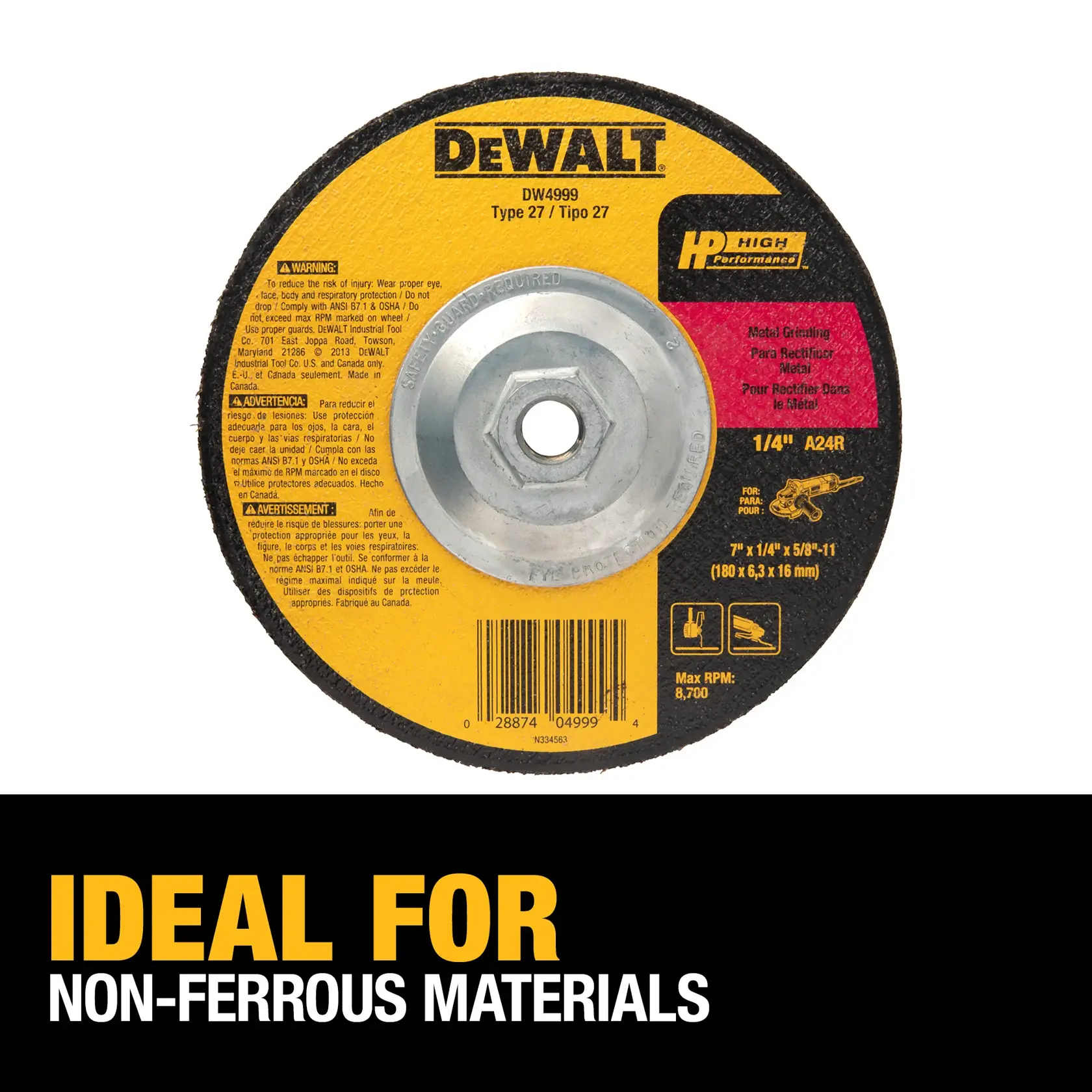A DEWALT DW4999 Type 27 grinding wheel, labeled 'High Performance', shown against a white background. Text below the wheel reads 'Ideal for non-ferrous materials'.