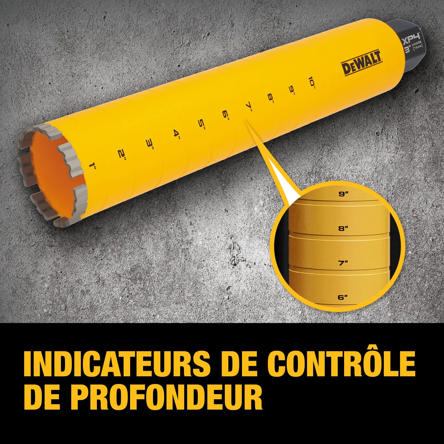 A DEWALT branded yellow drill bit with depth control indicators in inches marked along its length. A close-up shows the numbers 6, 7, 8, and 9 inches clearly. The background is a textured concrete surface with the words 'Depth Control Indicators' in French at the bottom.