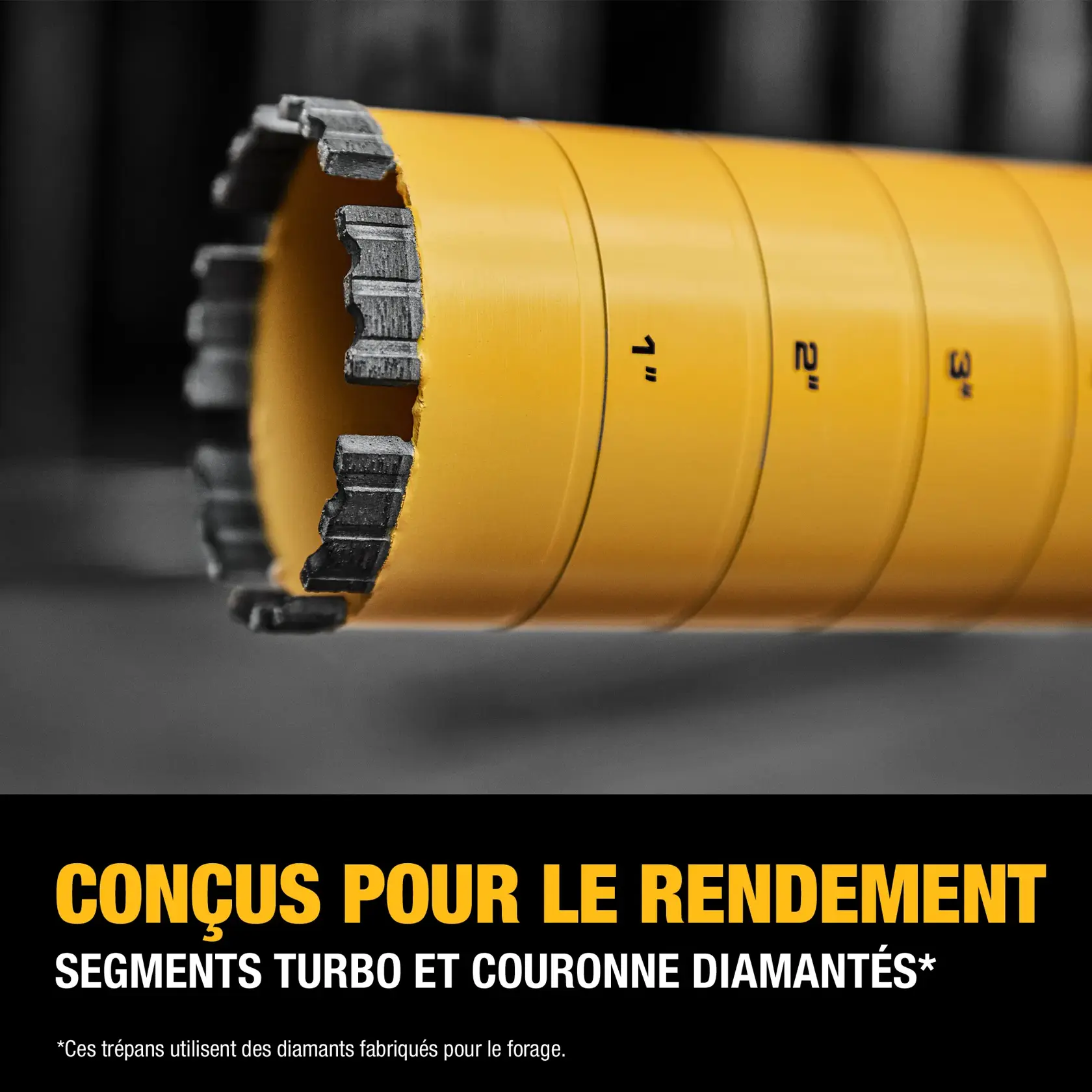 Close-up view of a yellow DEWALT diamond core drill bit with segmented turbo and diamond crown, marked with fractional sizes, used for drilling. The text highlights performance design and specifies the use of manufactured diamonds for drilling.