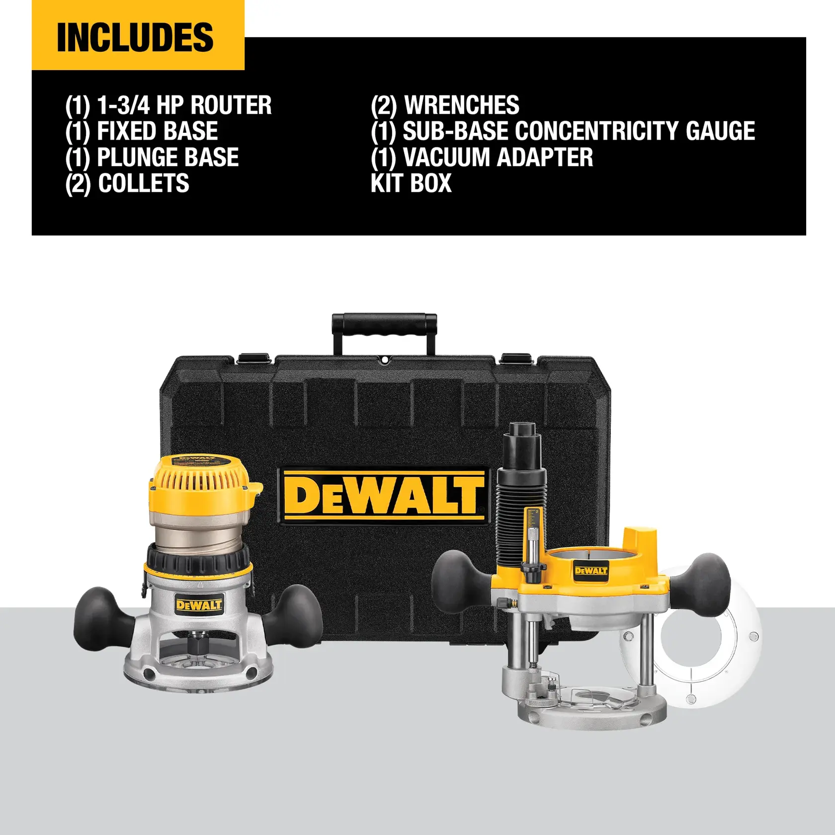 DEWALT router kit, model DW616PK, including a yellow and black router with fixed and plunge base, accessories, and a black carrying case featuring the DEWALT logo. Text lists included items: 1-3/4 HP router, fixed base, plunge base, 2 collets, 2 wrenches, sub-base concentricity gauge, vacuum adapter, and kit box.