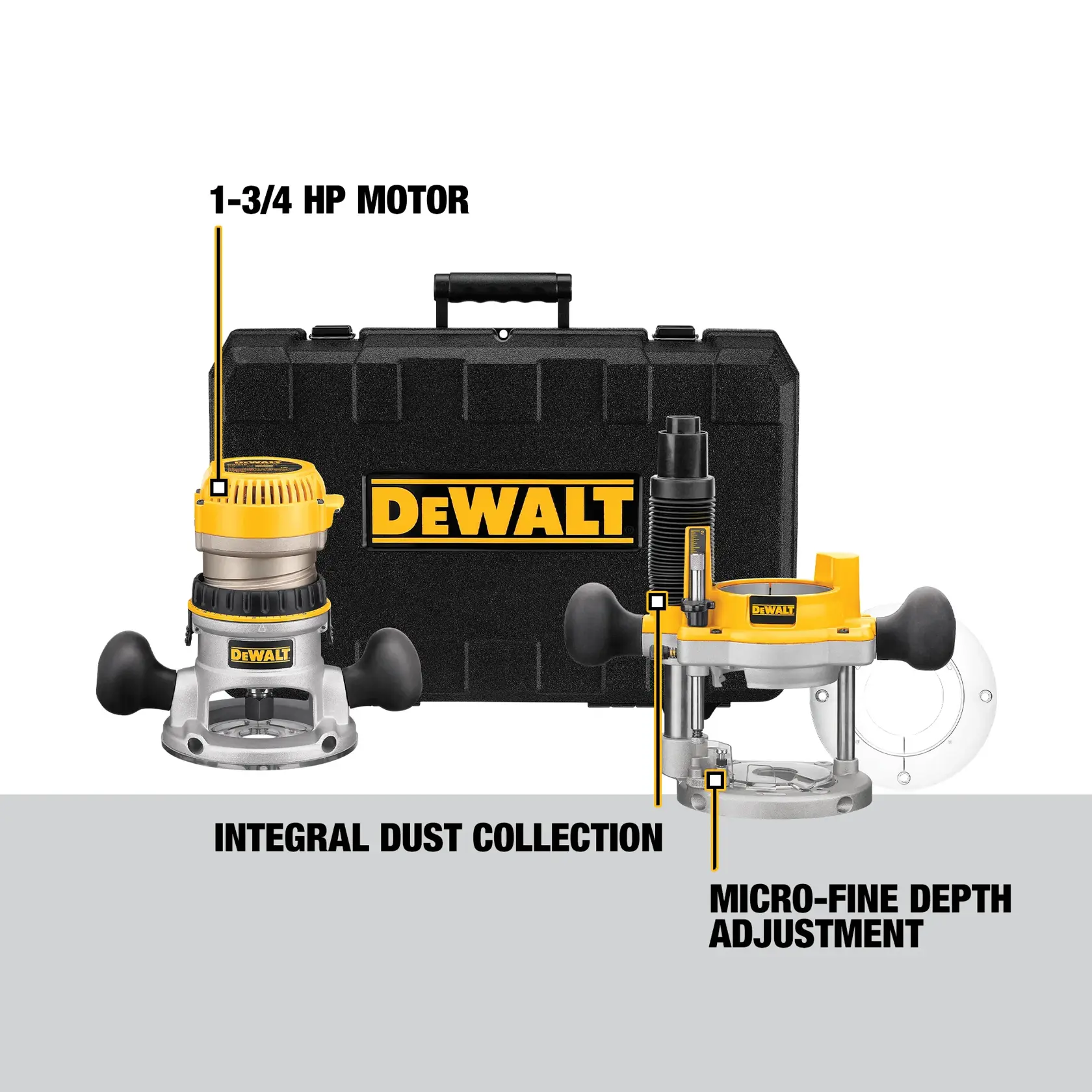 DEWALT DW616PK router kit with carrying case, featuring a 1-3/4 horsepower motor, integral dust collection, and micro-fine depth adjustment.