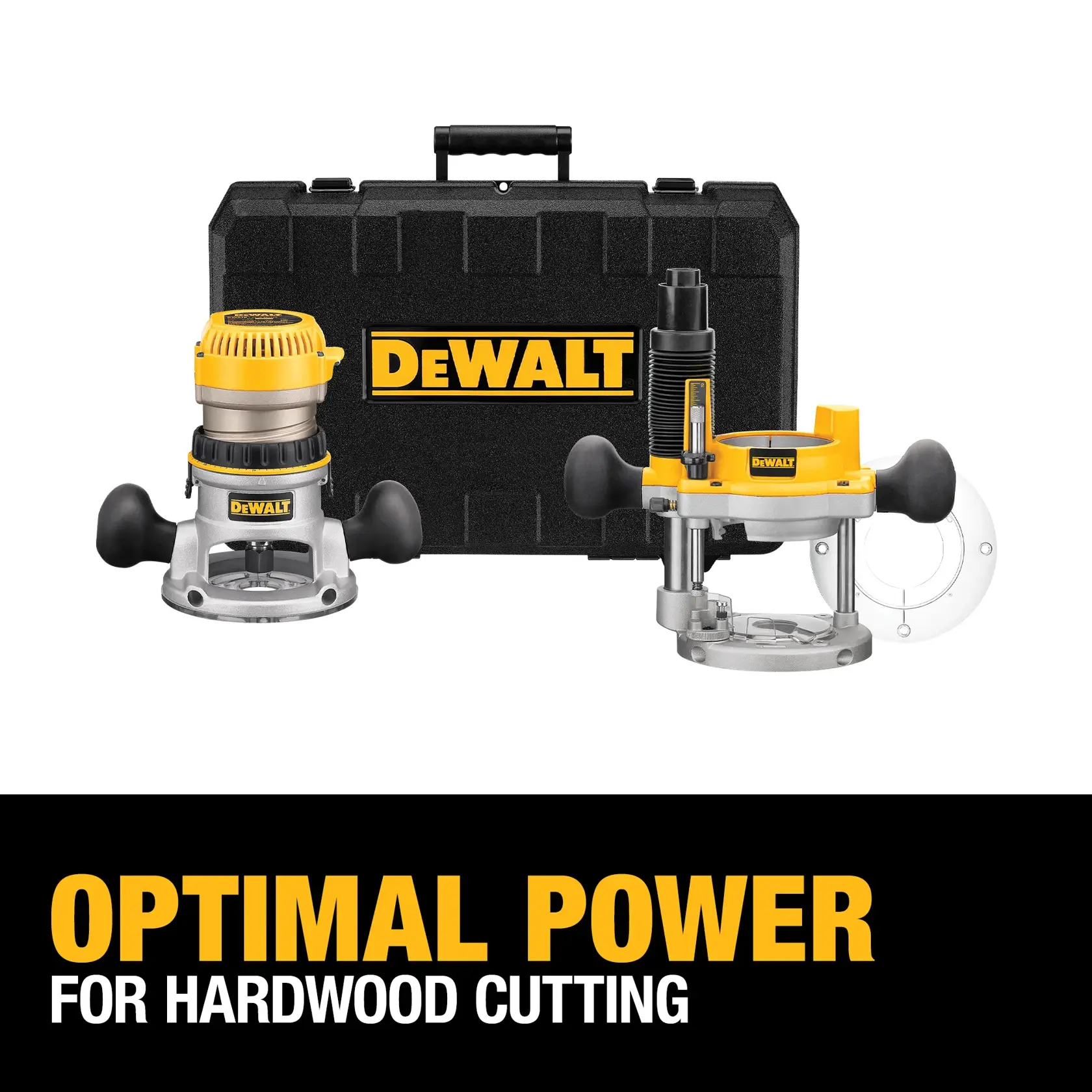 DEWALT router kit with two router bases and a black carrying case, shown on a white background. Text below reads 'OPTIMAL POWER FOR HARDWOOD CUTTING' in bold yellow and white letters.