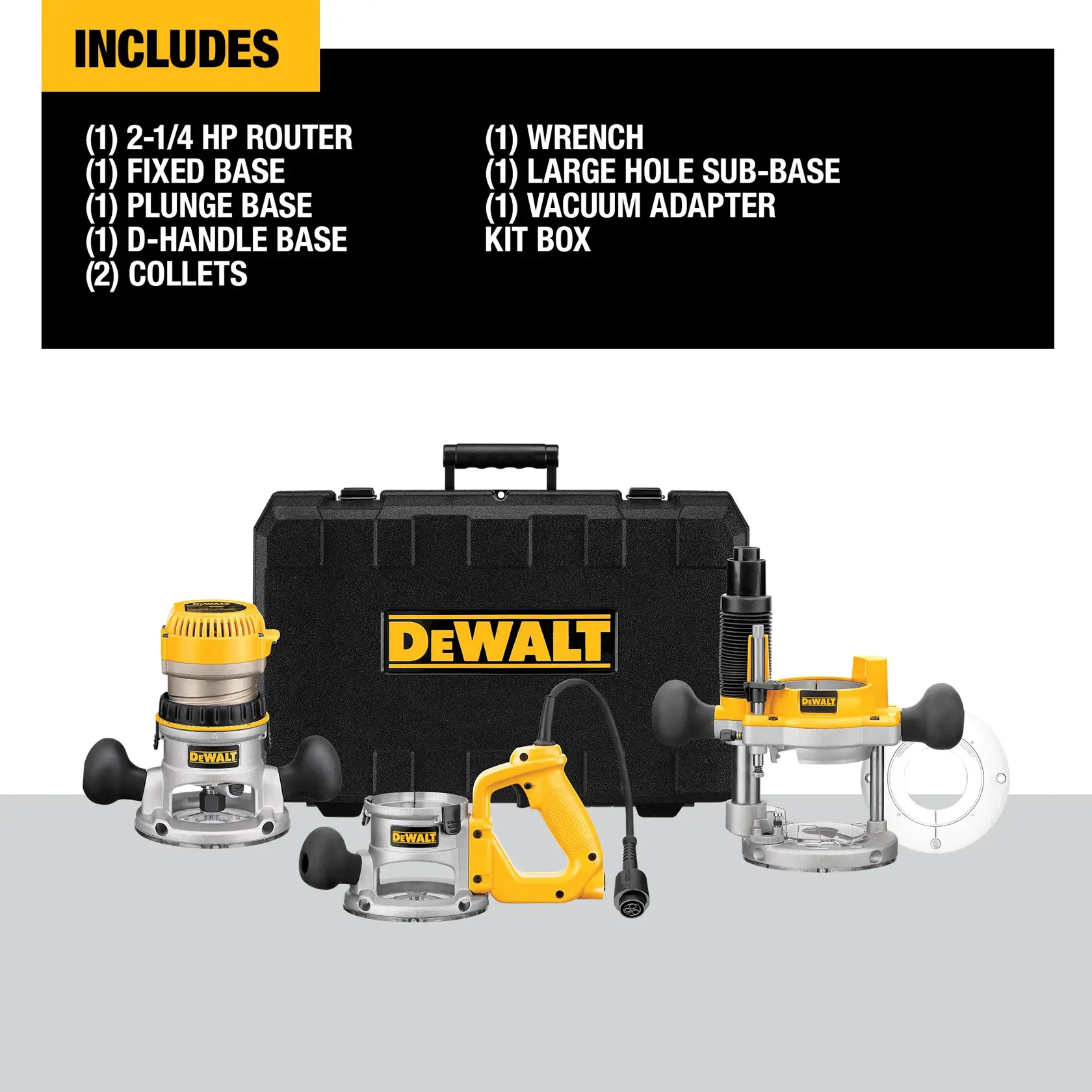 DEWALT router kit set including a 2-1/4 horsepower router, fixed base, plunge base, D-handle base, two collets, wrench, large hole sub-base, vacuum adapter, and a black DEWALT carrying case. The components are arranged in front of the case.