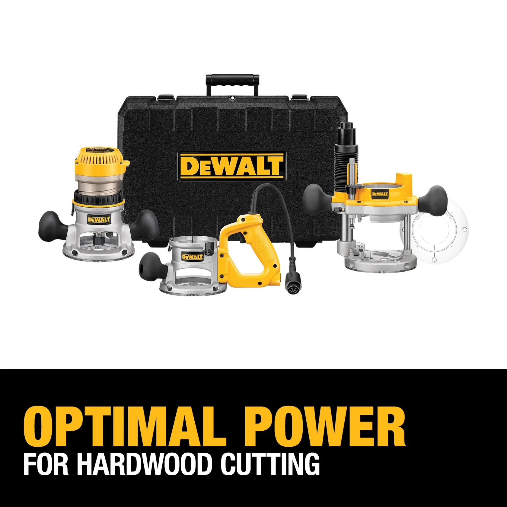 DEWALT woodworking router kit with multiple attachments and a black carrying case, displayed with the text 'Optimal Power for Hardwood Cutting.'