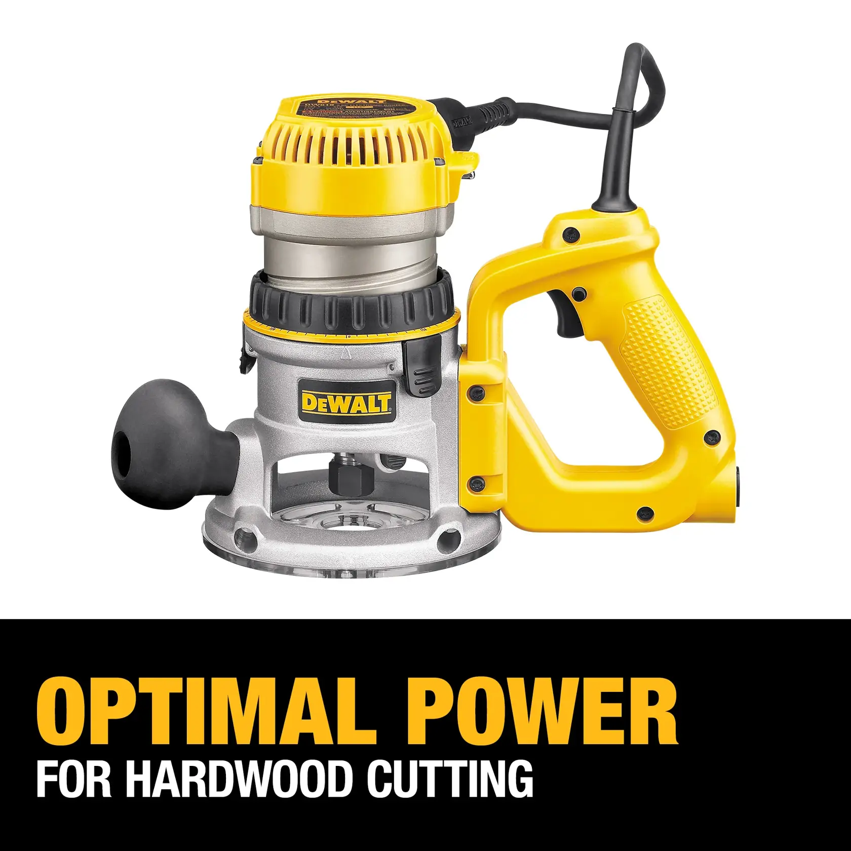 DEWALT wood router model DW618D in yellow and metal, shown with a handle and black power cord. Text below reads: 'Optimal Power for Hardwood Cutting.'