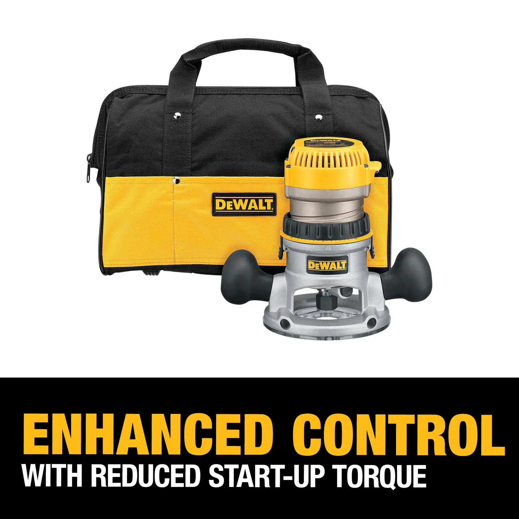 DEWALT router model DW618K with dual handles is displayed in front of a yellow and black carrying bag with DEWALT logo. The image features a caption stating 'ENHANCED CONTROL WITH REDUCED START-UP TORQUE.'