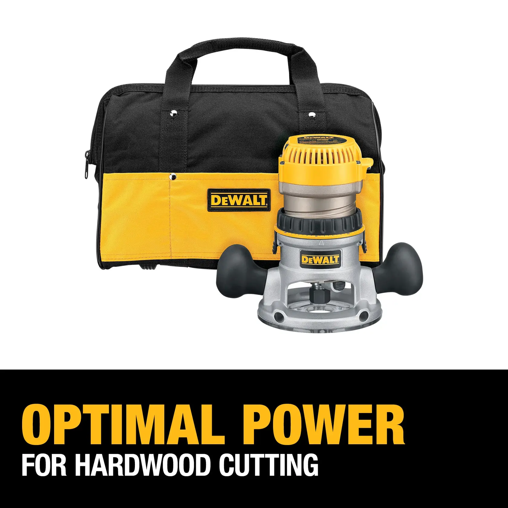 A DEWALT DW618K router with a yellow and black carrying bag is shown. The image highlights the product's features with the text: 'Optimal Power for Hardwood Cutting.'
