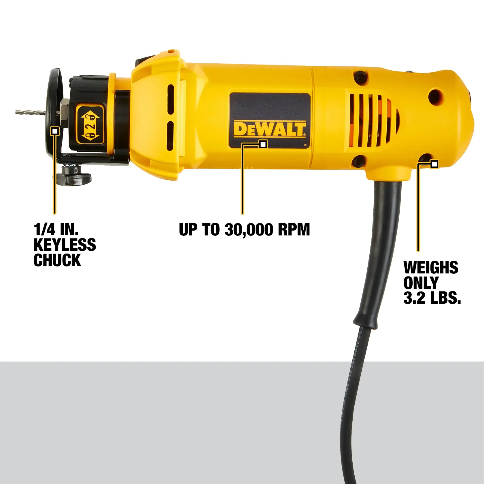 Image of a DEWALT DW660 rotary tool with highlighted features including a 1/4 inch keyless chuck, up to 30,000 RPM speed, and weighs only 3.2 pounds.