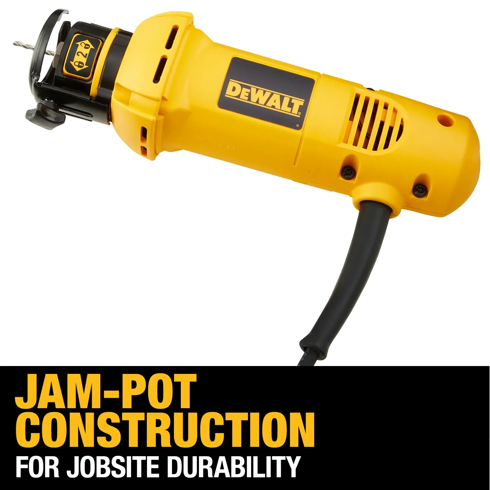 A DEWALT DW660 rotary tool with a yellow and black design, featuring a jam-pot construction for jobsite durability. The tool is shown with a drill bit attached, and the image includes text highlighting its construction and durability.