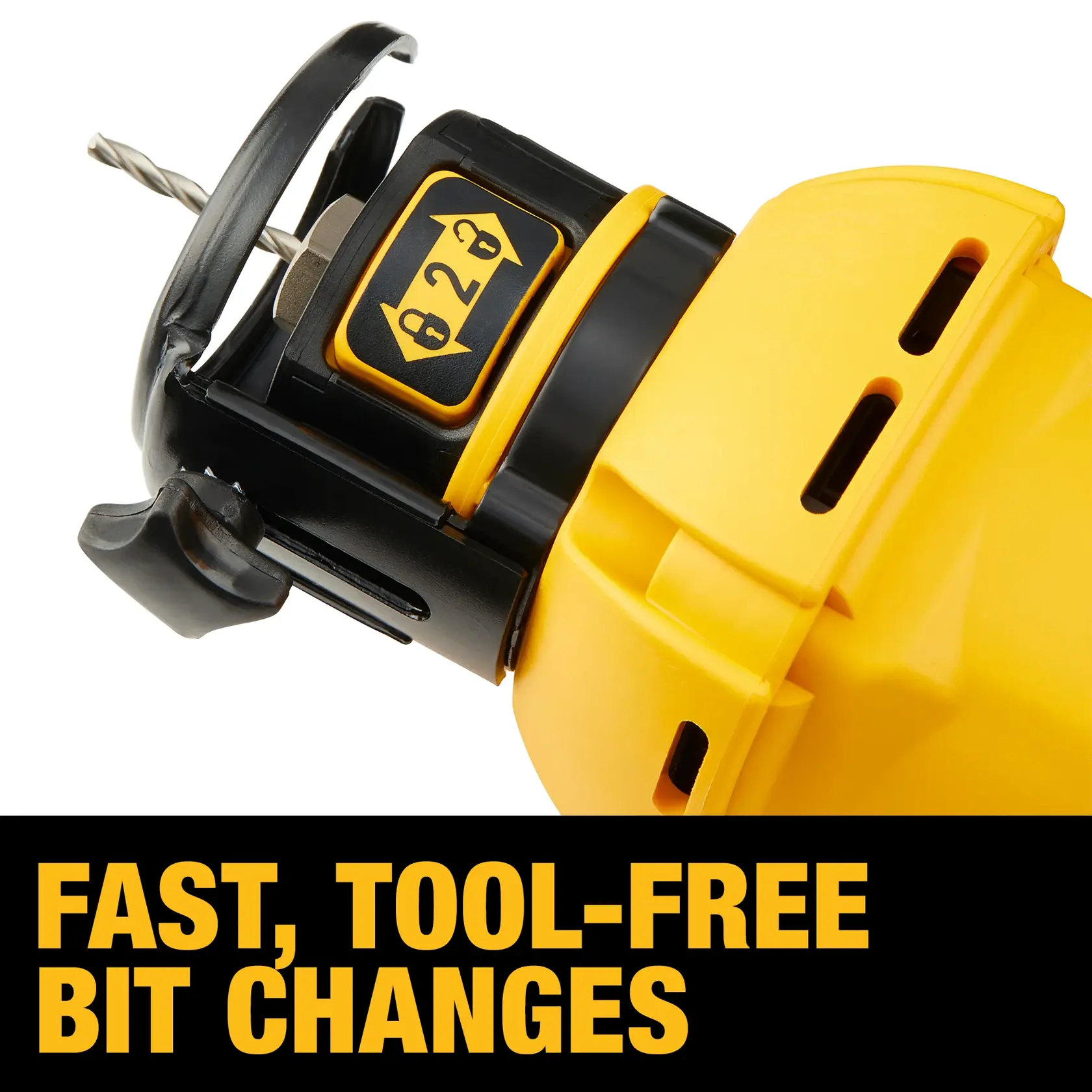 Close-up of a DEWALT DW660 rotary tool showing the drill bit and the tool-free bit change mechanism. The yellow and black tool is partially visible, with emphasis on the quick and easy bit change feature. Text reads: 'FAST, TOOL-FREE BIT CHANGES.'