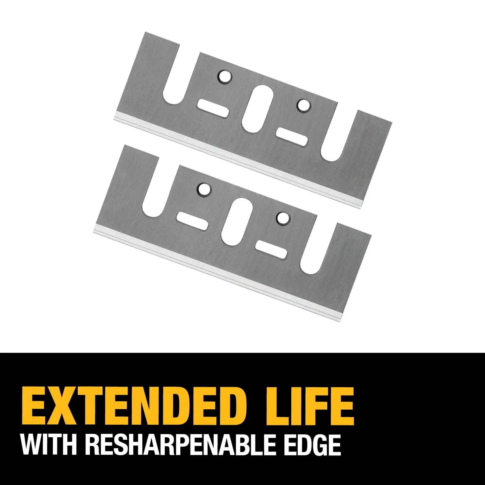 Two rectangular DEWALT replacement planer blades shown above bold text reading 'Extended Life with Resharpenable Edge'.