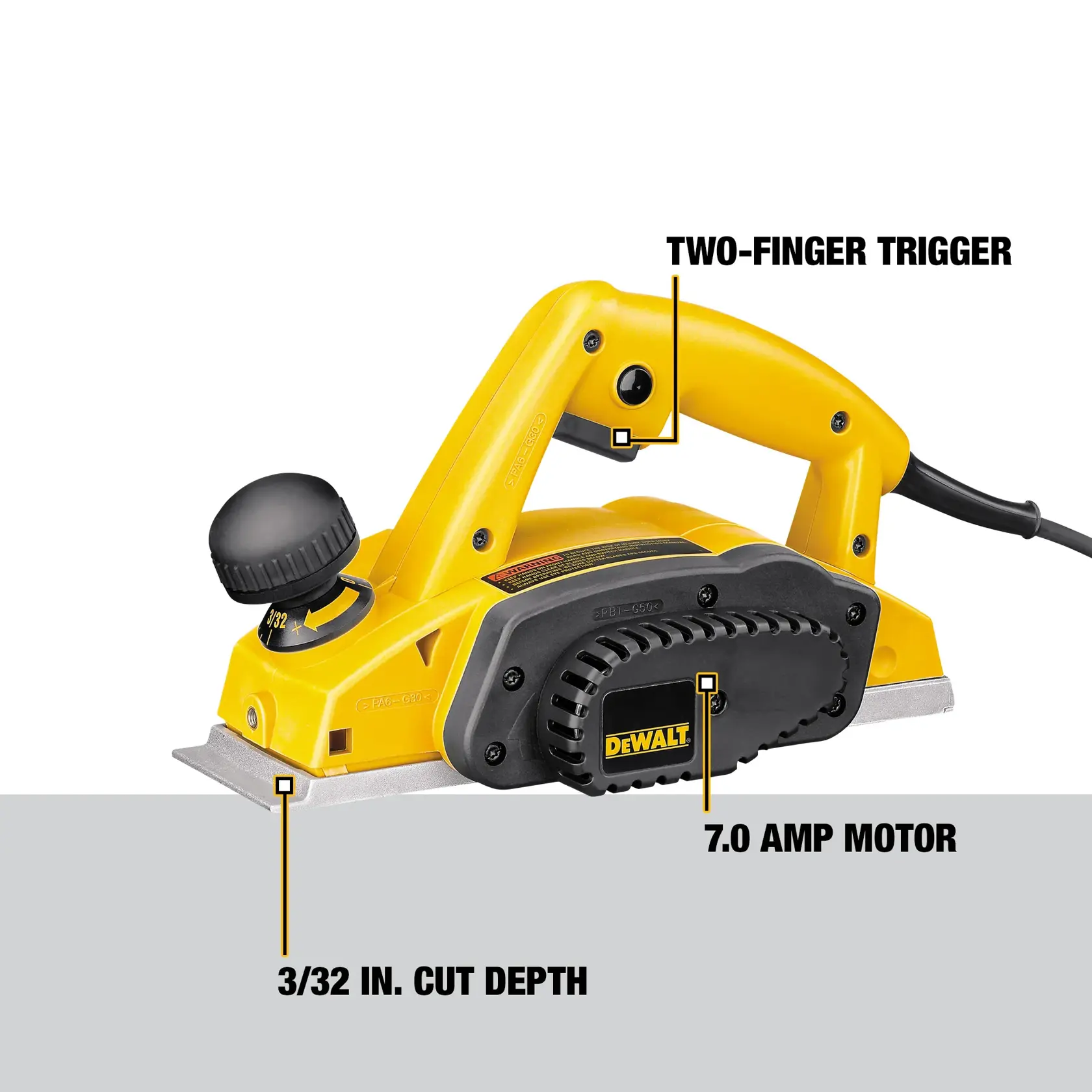 DEWALT DW680K electric planer with highlighted features: two-finger trigger, 7.0 amp motor, and 3/32 inch cut depth. The planer is yellow with a black knob and details.