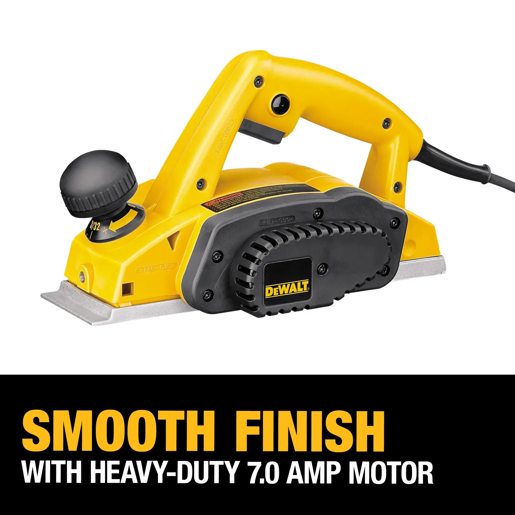 DEWALT DW680K electric hand planer in yellow and black color, featuring a prominent control knob, heavy-duty 7.0 amp motor, and 'Smooth Finish with Heavy-Duty 7.0 Amp Motor' text displayed below the tool.